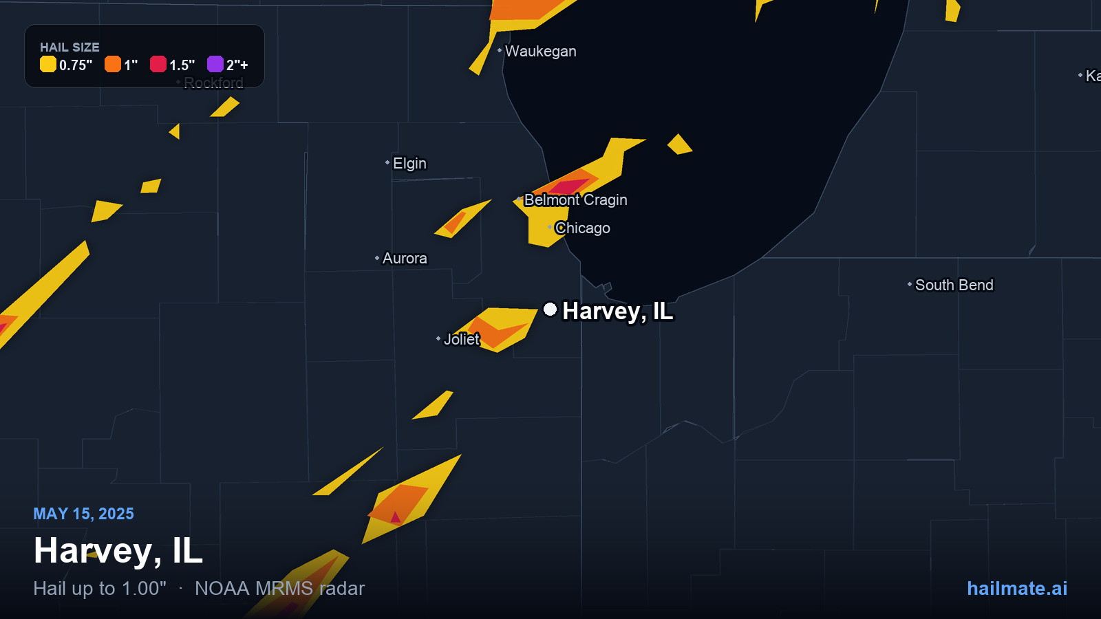 Hail swath map for Harvey, IL on May 15, 2025 showing 1.00 inch hail.