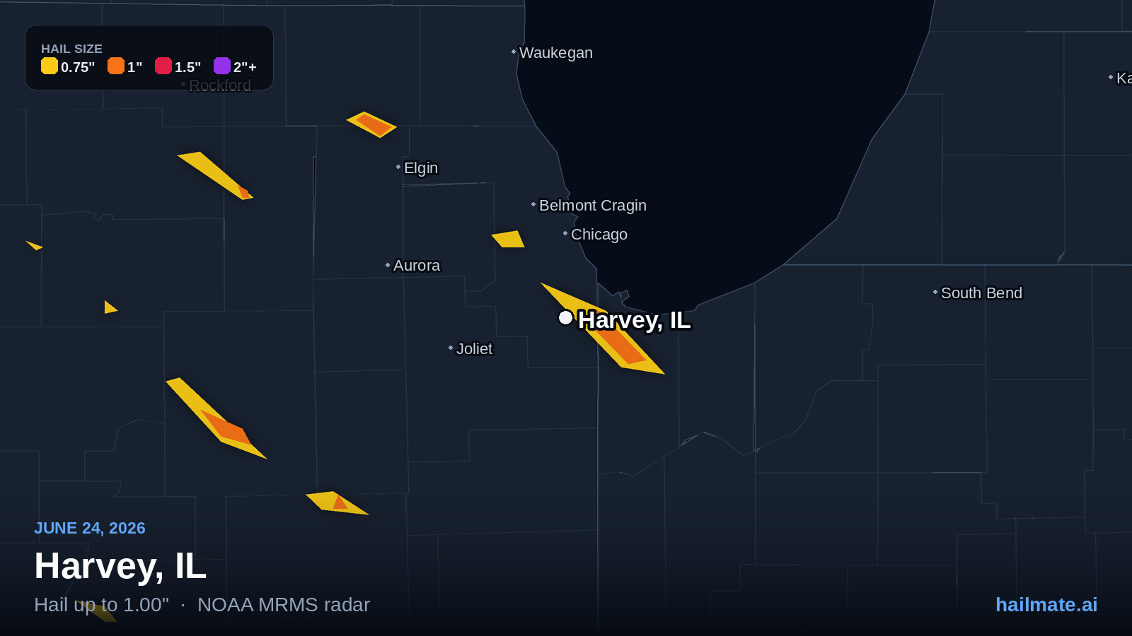 Hail swath map for Harvey, IL on June 24, 2026 showing 1.00 inch hail.