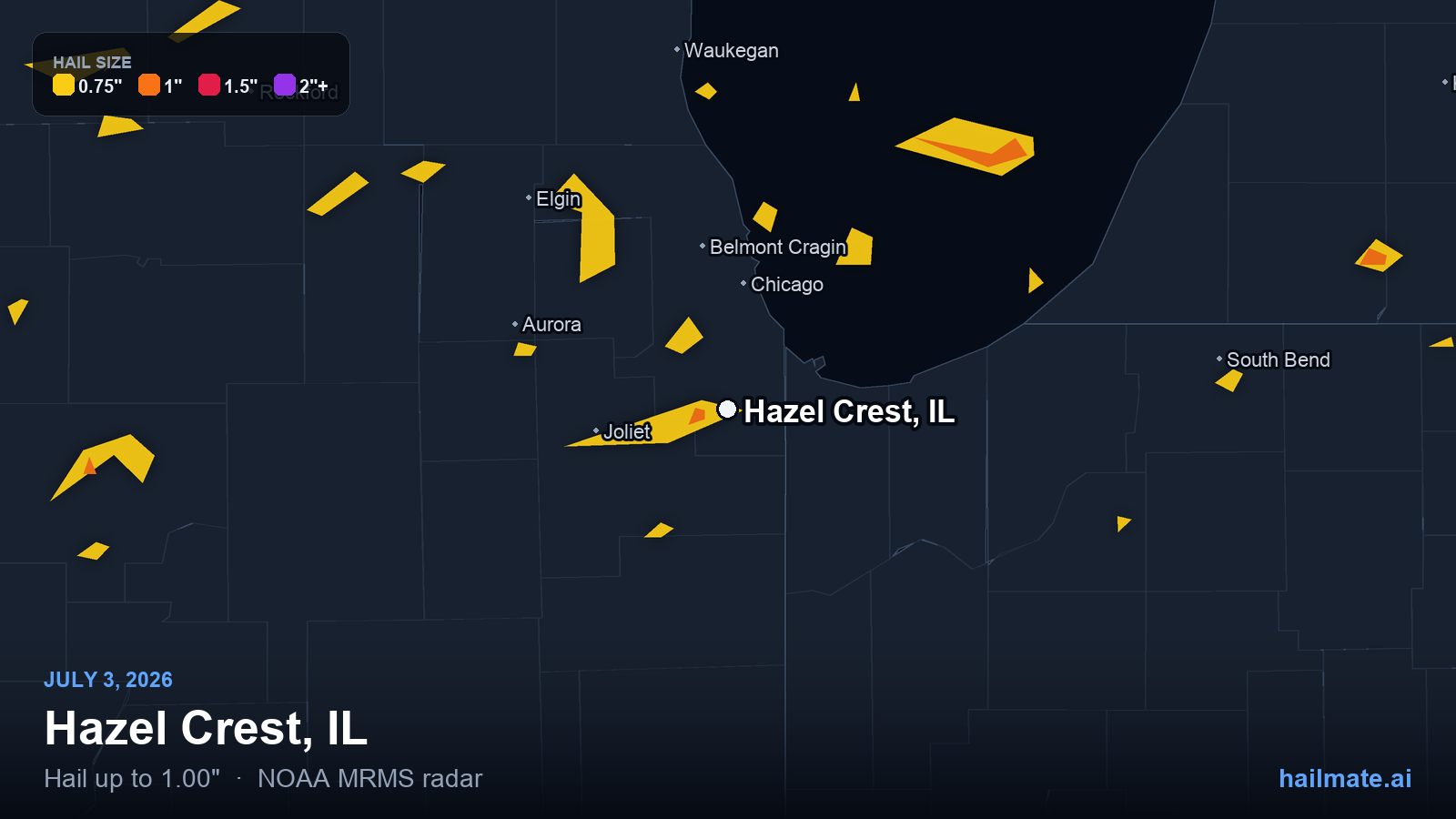 Hail swath map for Hazel Crest, IL on July 3, 2026 showing 1.00 inch hail.