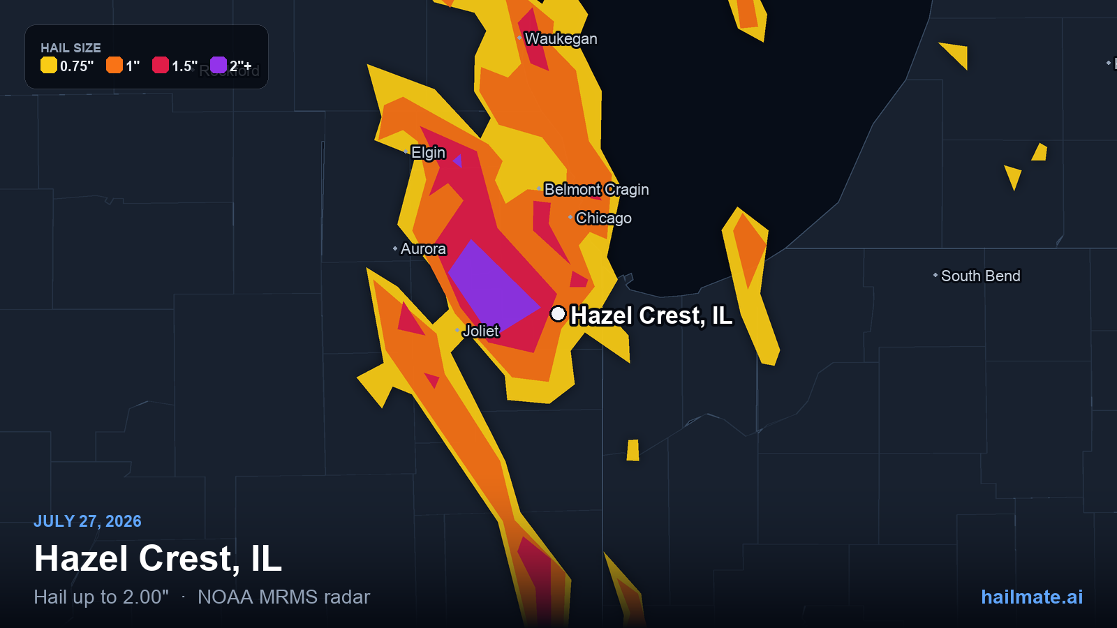 Hail swath map for Hazel Crest, IL on July 27, 2026 showing 2.00 inch hail.