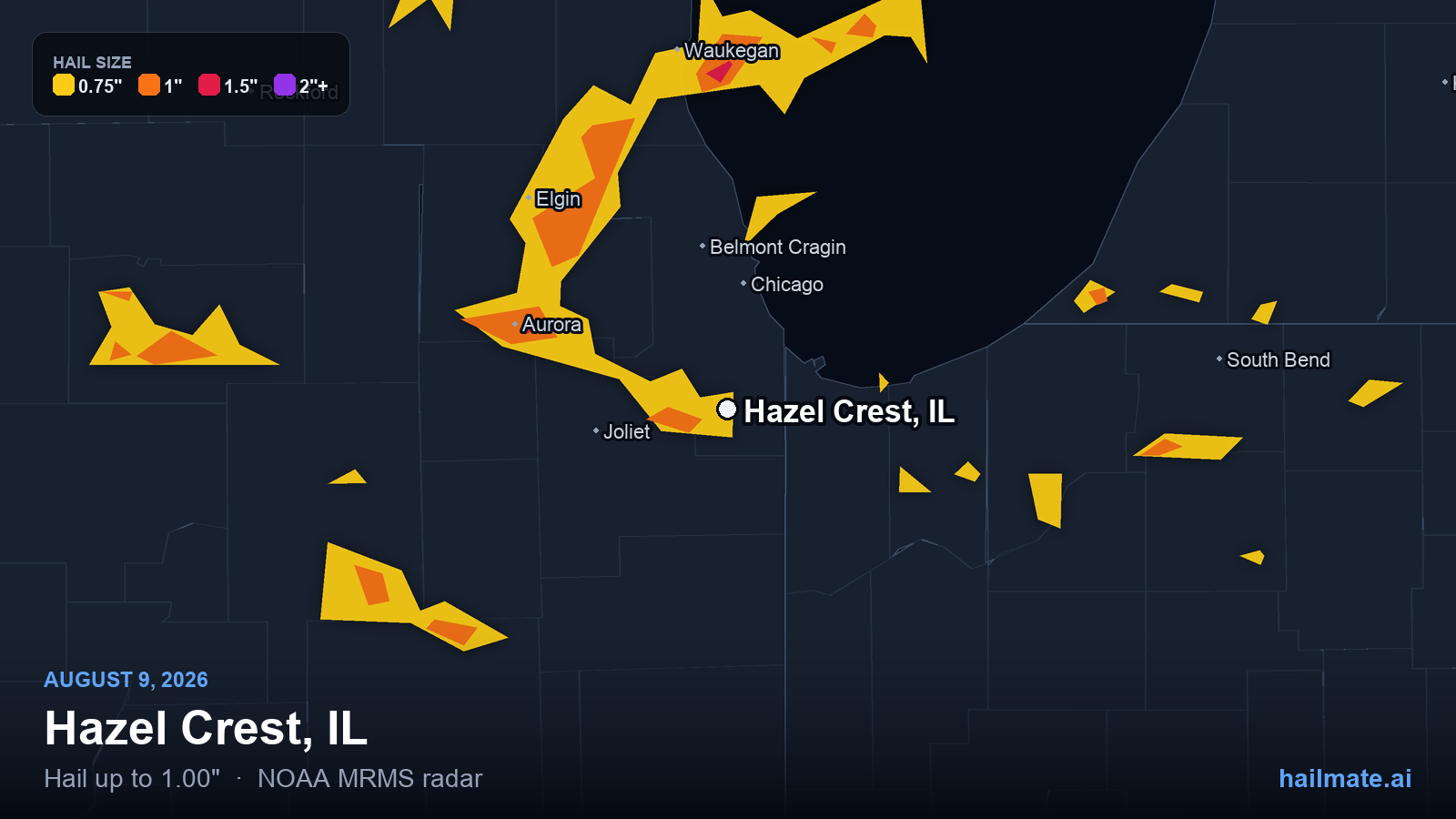 Hail swath map for Hazel Crest, IL on August 9, 2026 showing 1.00 inch hail.