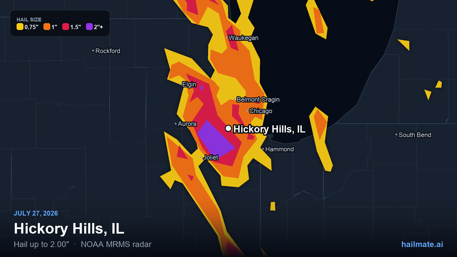 Hail swath map for Hickory Hills, IL on July 27, 2026 showing 2.00 inch hail.