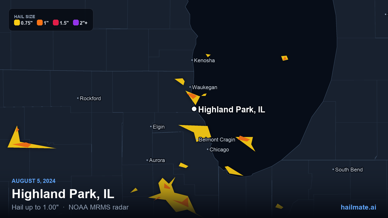 Hail swath map for Highland Park, IL on August 5, 2024 showing 1.00 inch hail.