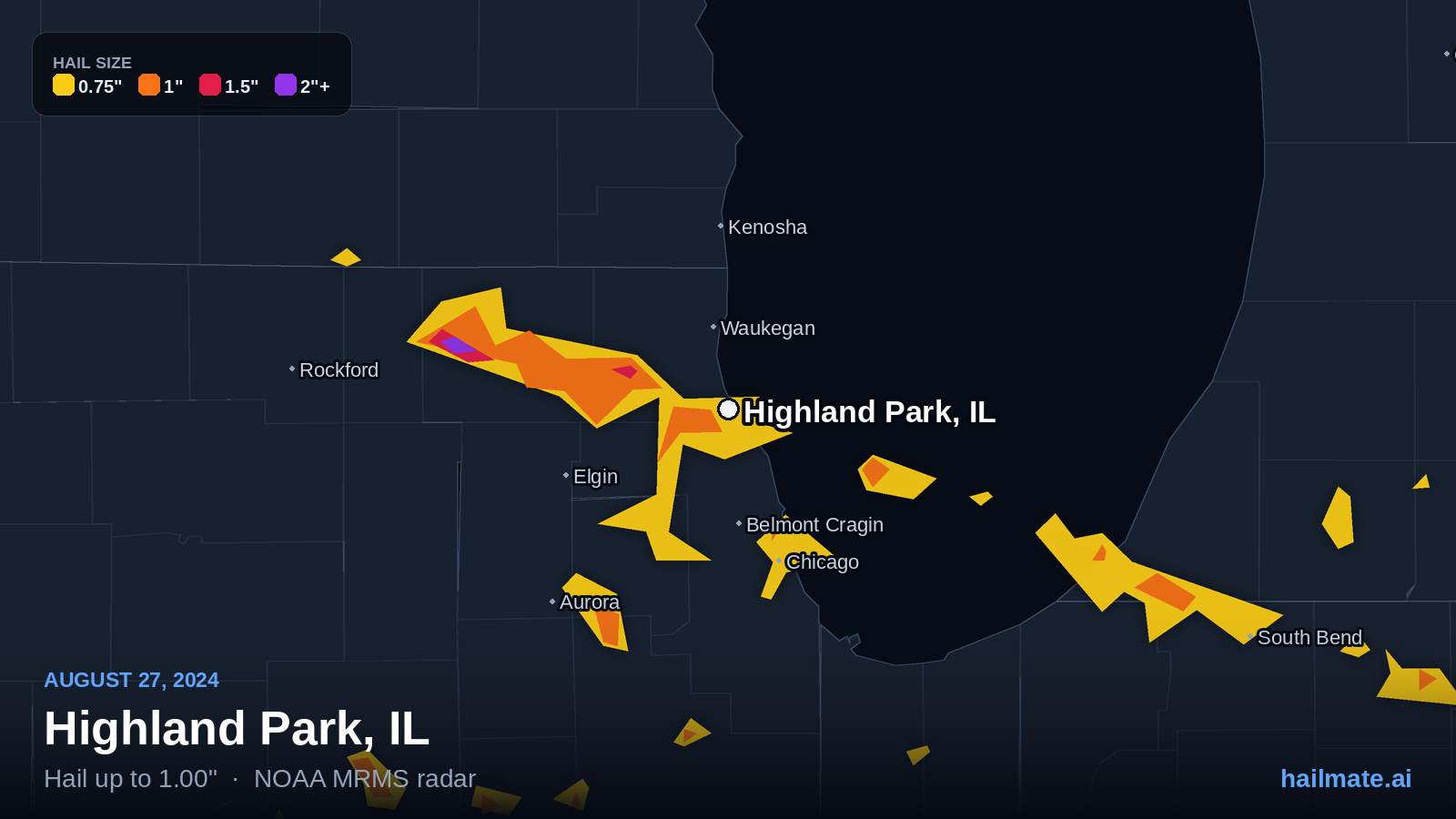Hail swath map for Highland Park, IL on August 27, 2024 showing 1.00 inch hail.