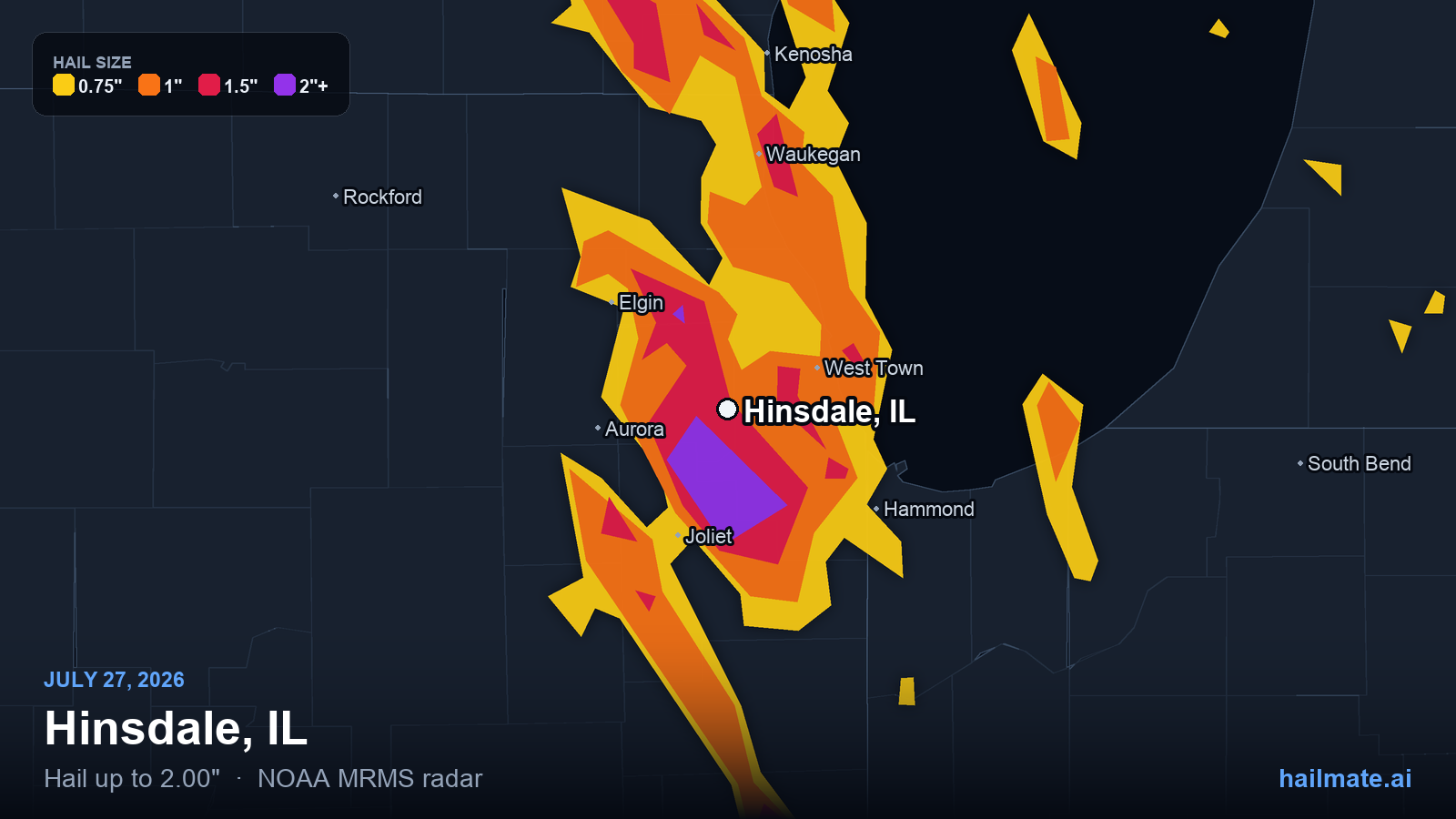 Hail swath map for Hinsdale, IL on July 27, 2026 showing 2.00 inch hail.