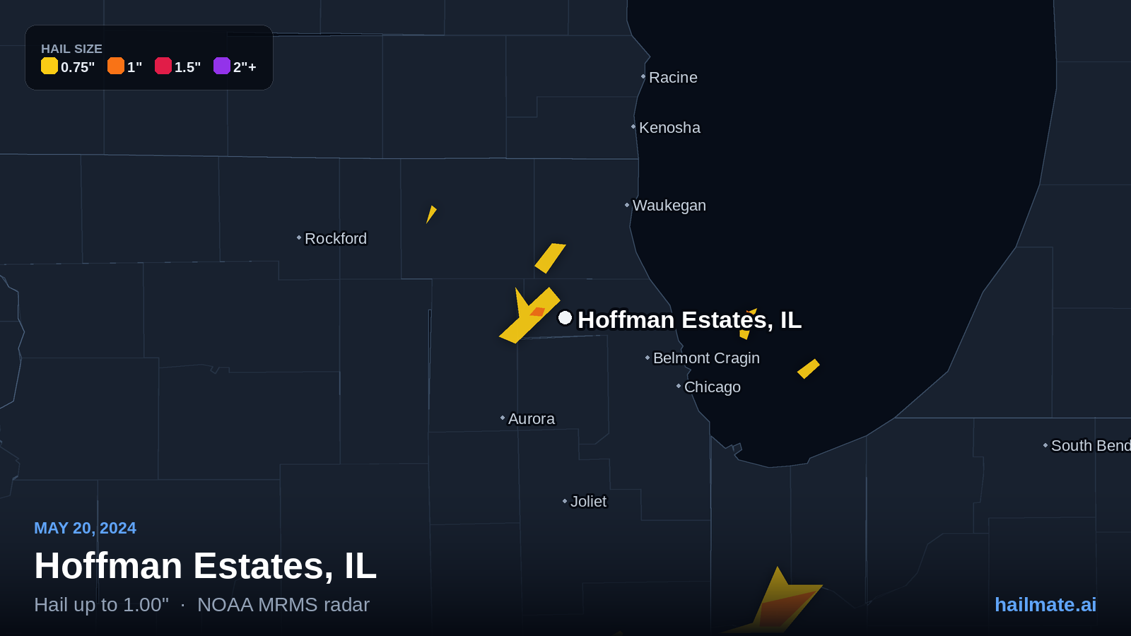 Hail swath map for Hoffman Estates, IL on May 20, 2024 showing 1.00 inch hail.