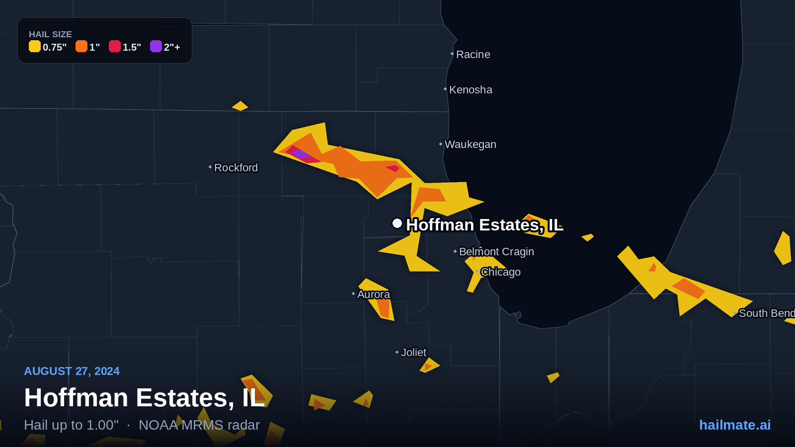 Hail swath map for Hoffman Estates, IL on August 27, 2024 showing 1.00 inch hail.