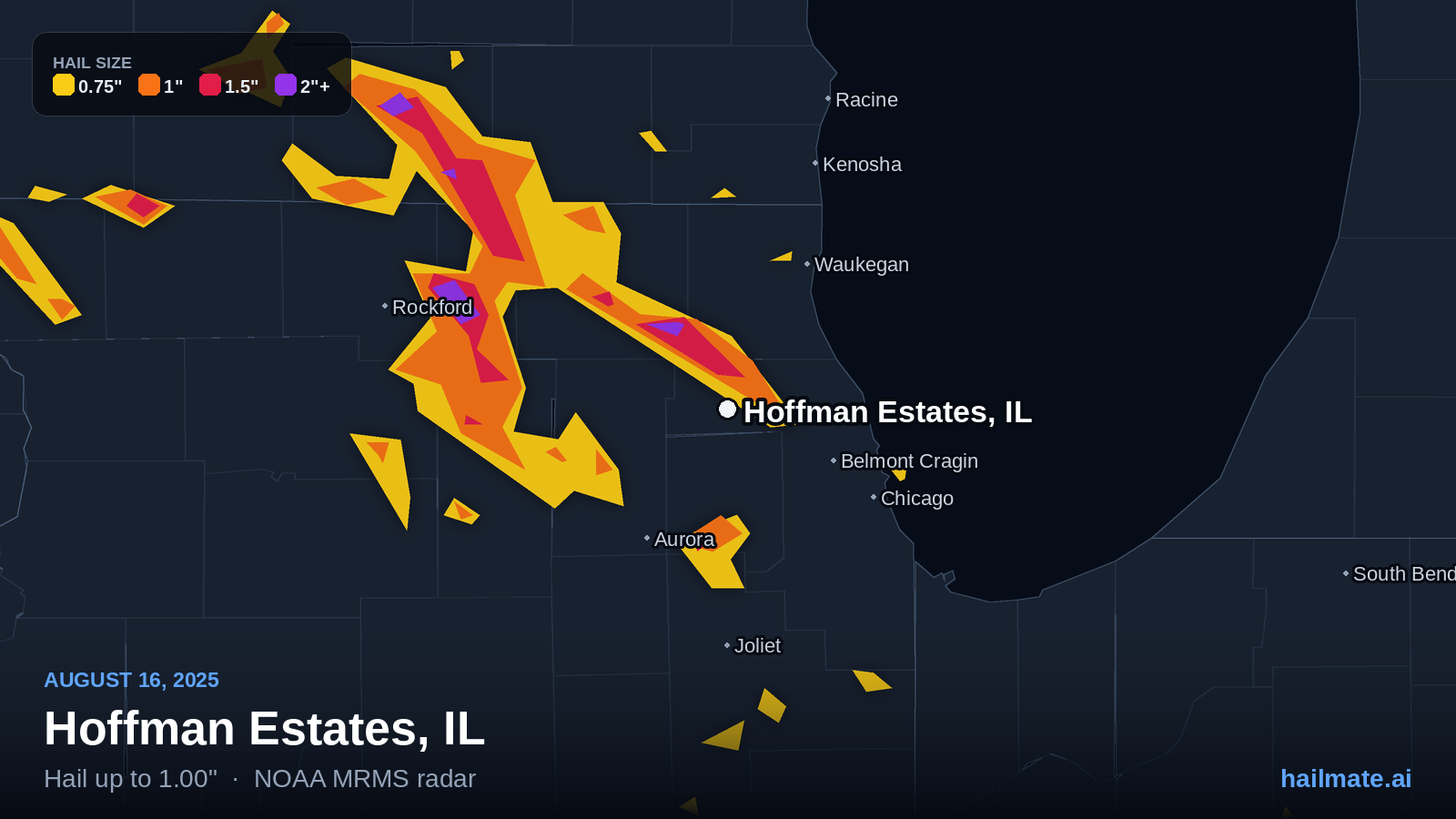 Hail swath map for Hoffman Estates, IL on August 16, 2025 showing 1.00 inch hail.