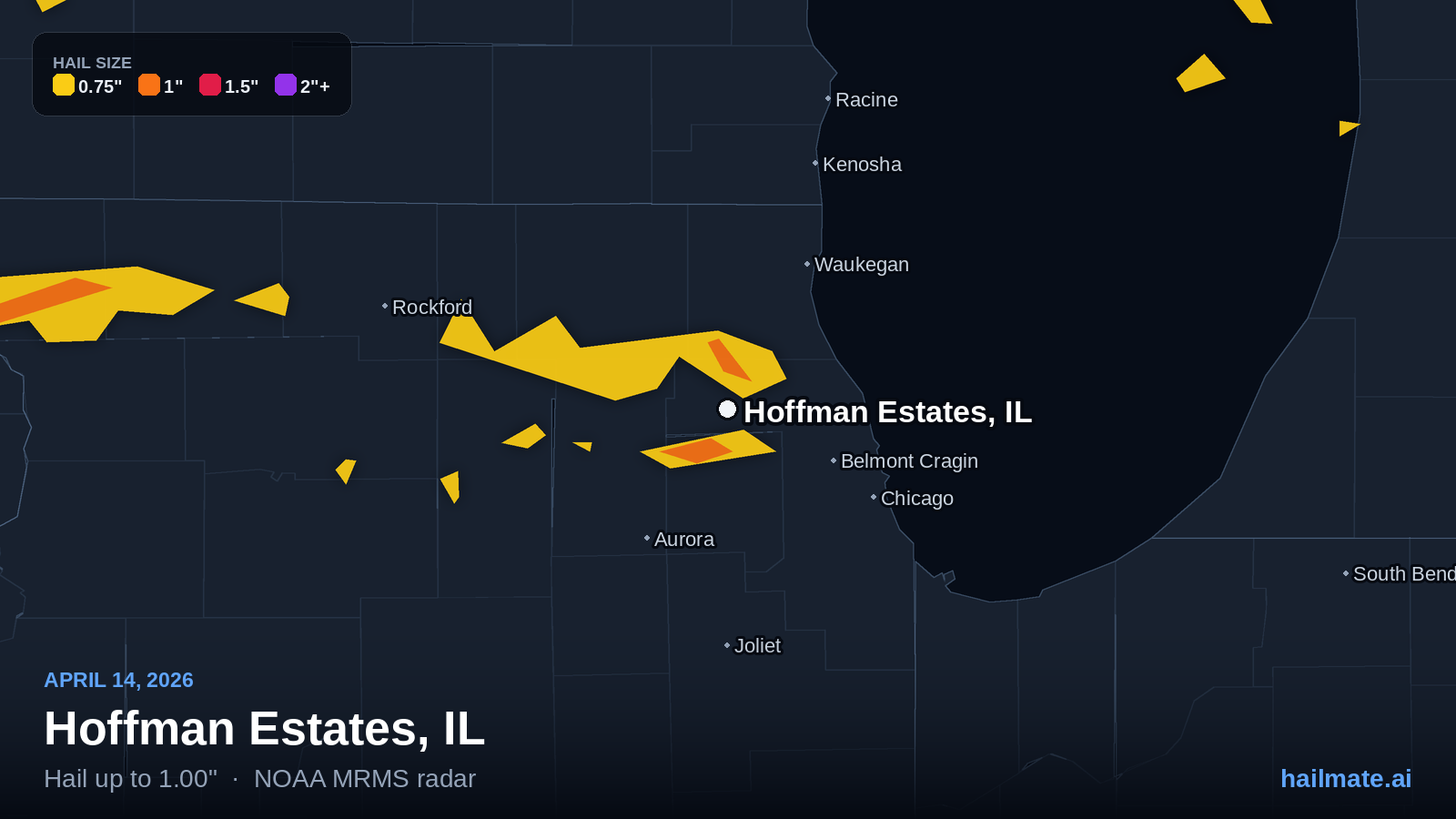 Hail swath map for Hoffman Estates, IL on April 14, 2026 showing 1.00 inch hail.