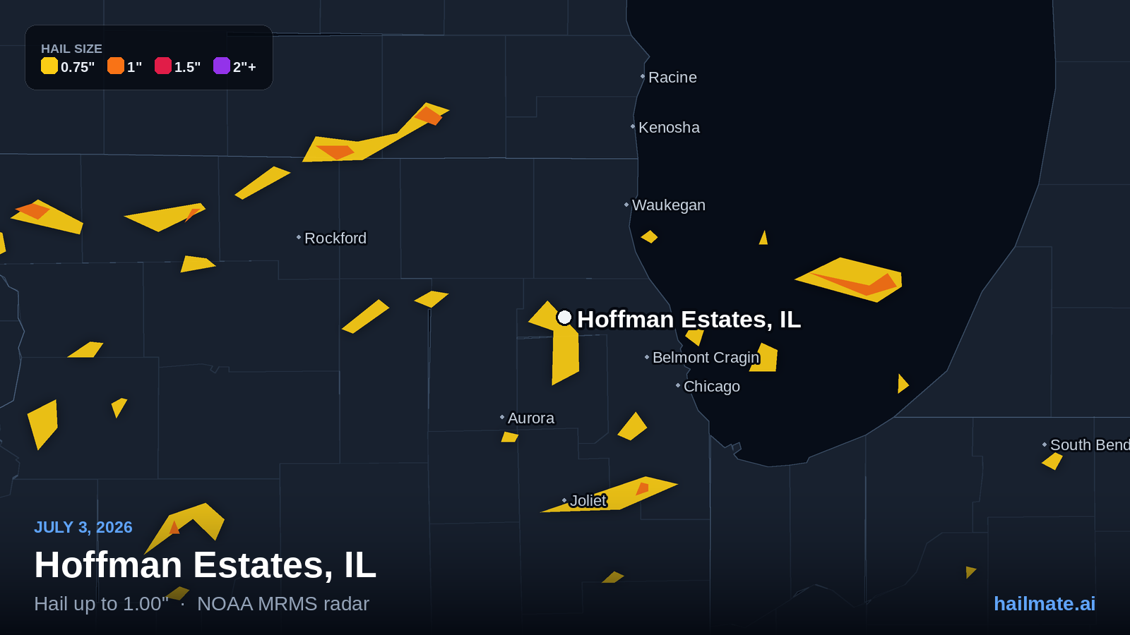 Hail swath map for Hoffman Estates, IL on July 3, 2026 showing 1.00 inch hail.