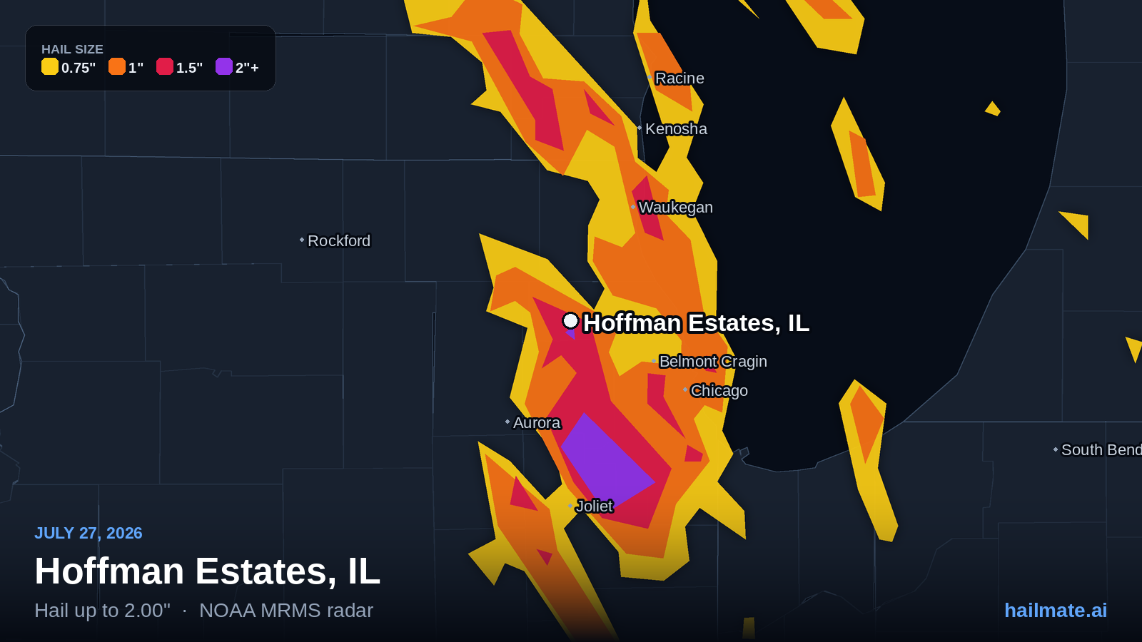 Hail swath map for Hoffman Estates, IL on July 27, 2026 showing 2.00 inch hail.