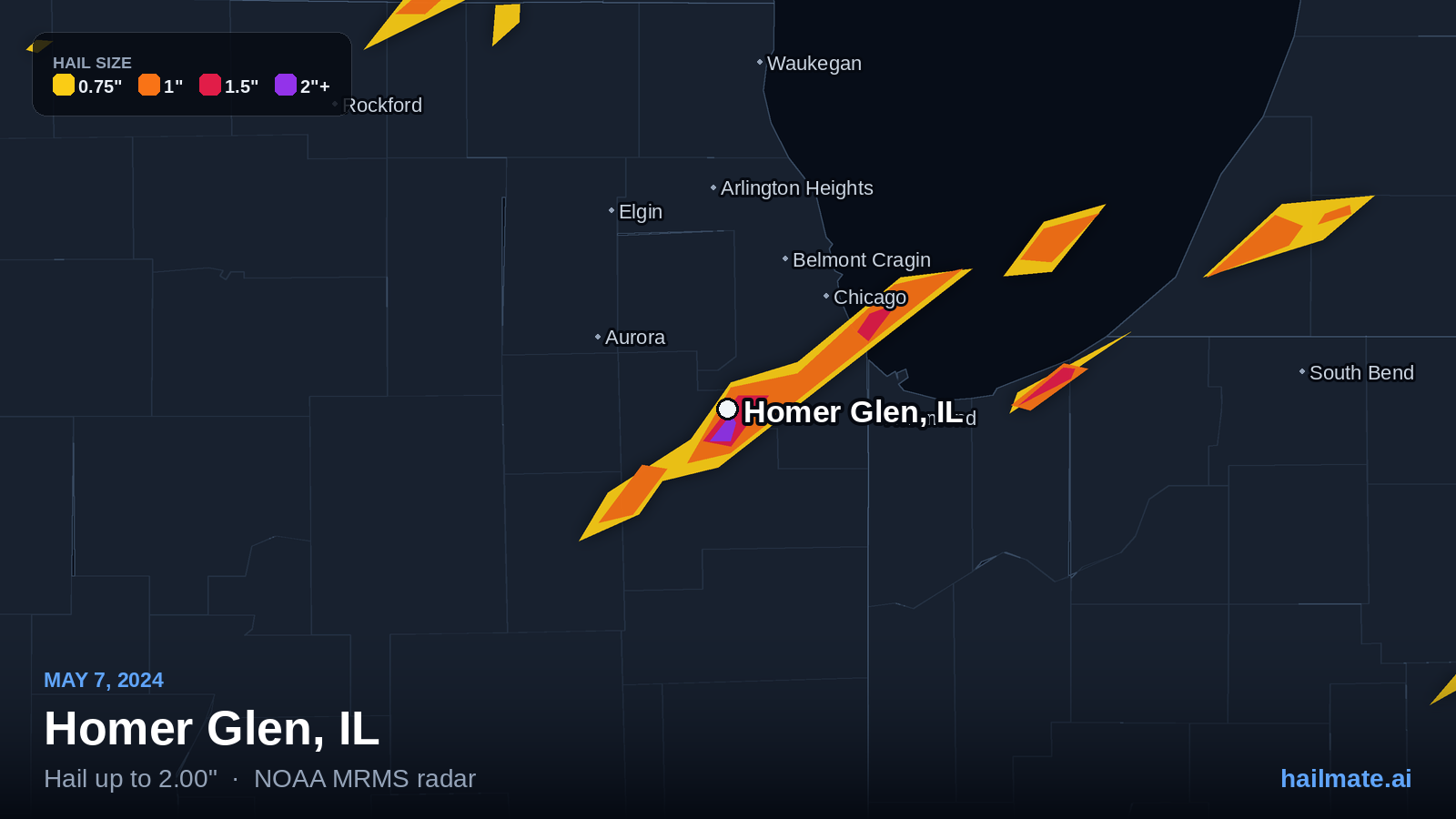 Hail swath map for Homer Glen, IL on May 7, 2024 showing 2.00 inch hail.