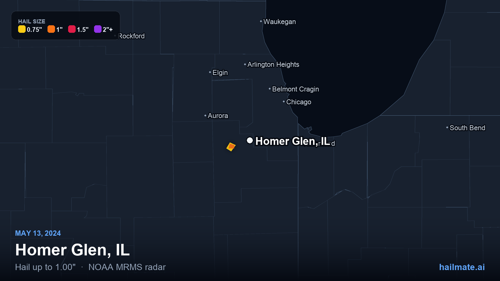 Hail swath map for Homer Glen, IL on May 13, 2024 showing 1.00 inch hail.