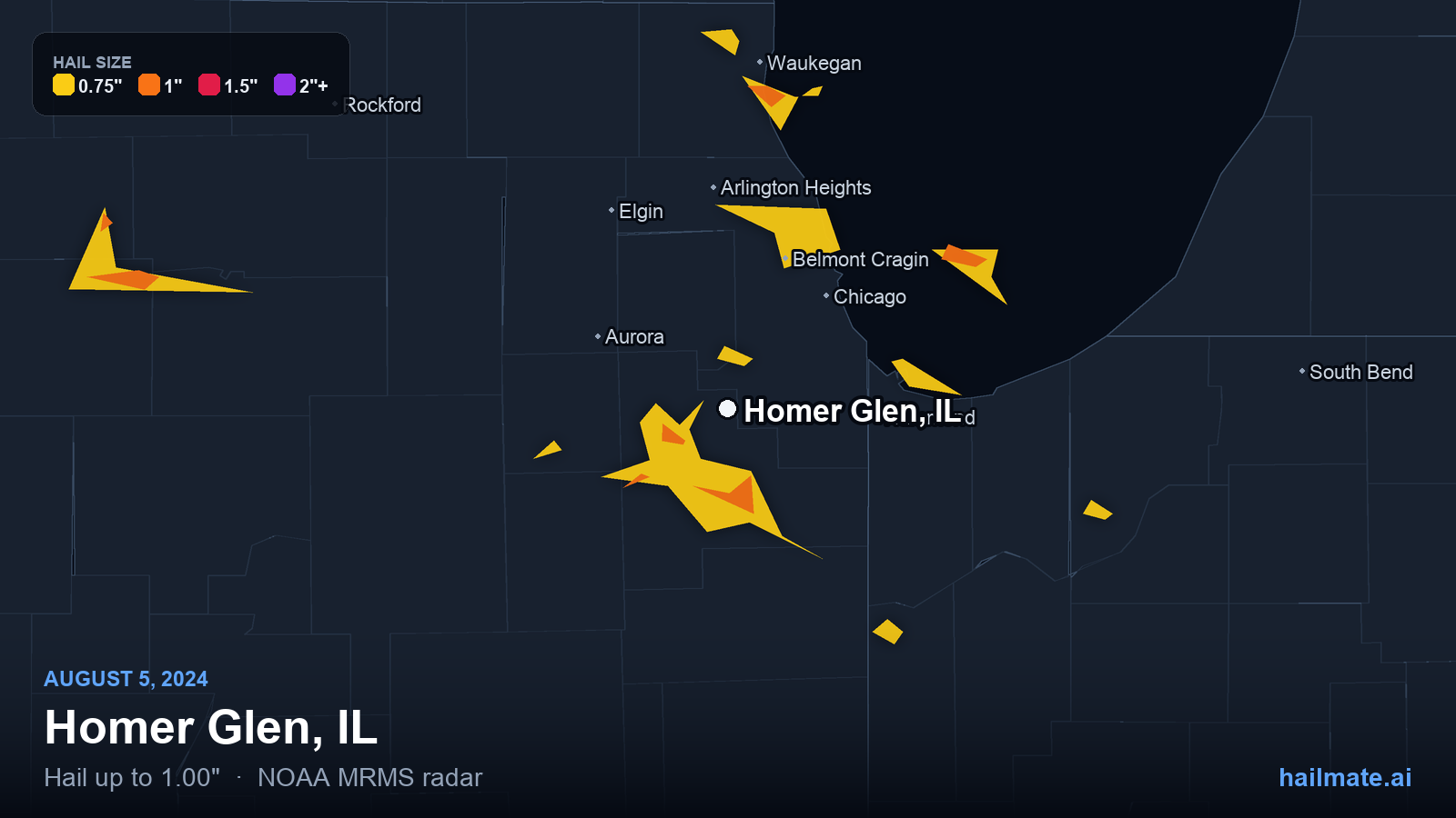 Hail swath map for Homer Glen, IL on August 5, 2024 showing 1.00 inch hail.