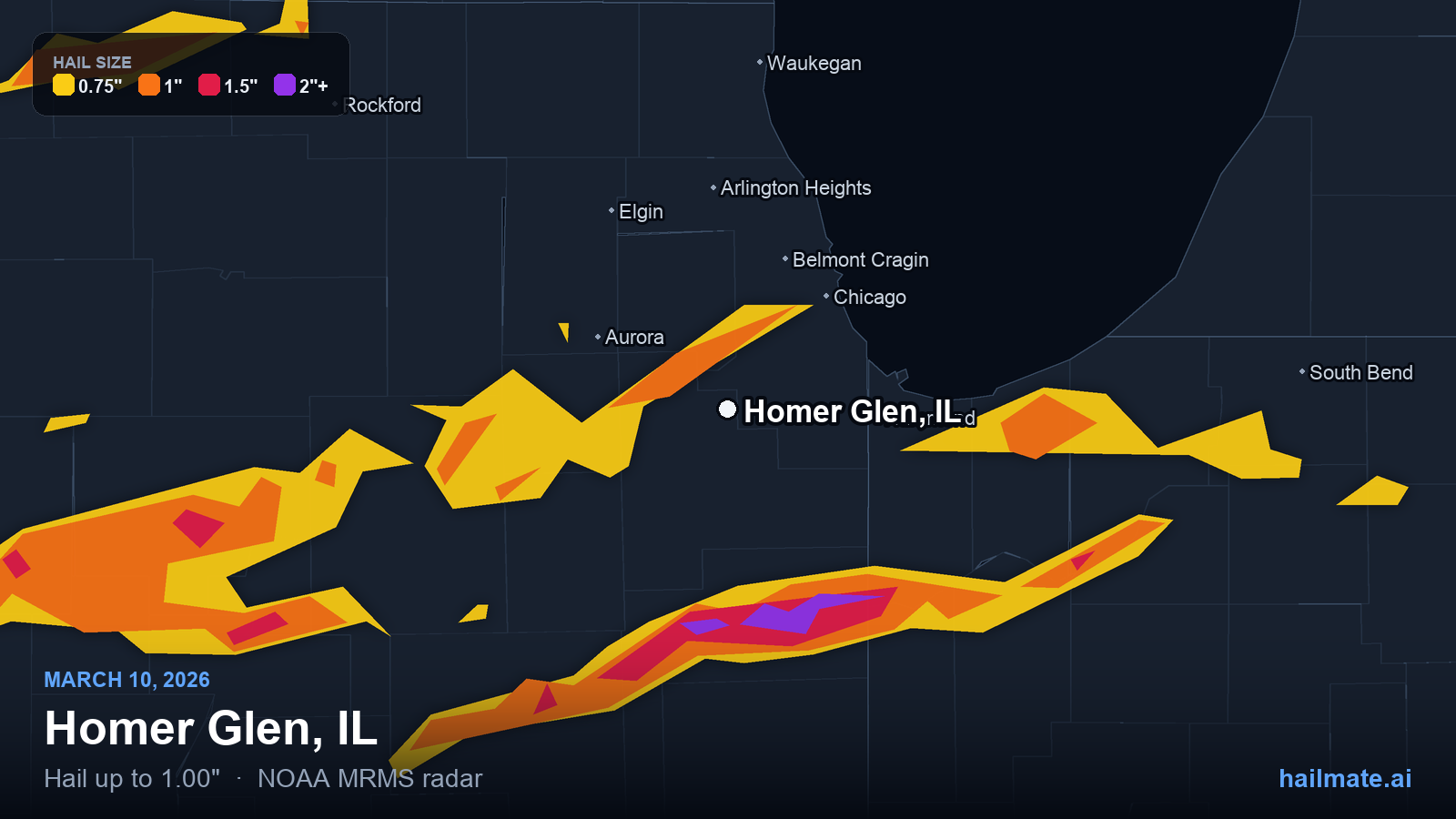 Hail swath map for Homer Glen, IL on March 10, 2026 showing 1.00 inch hail.