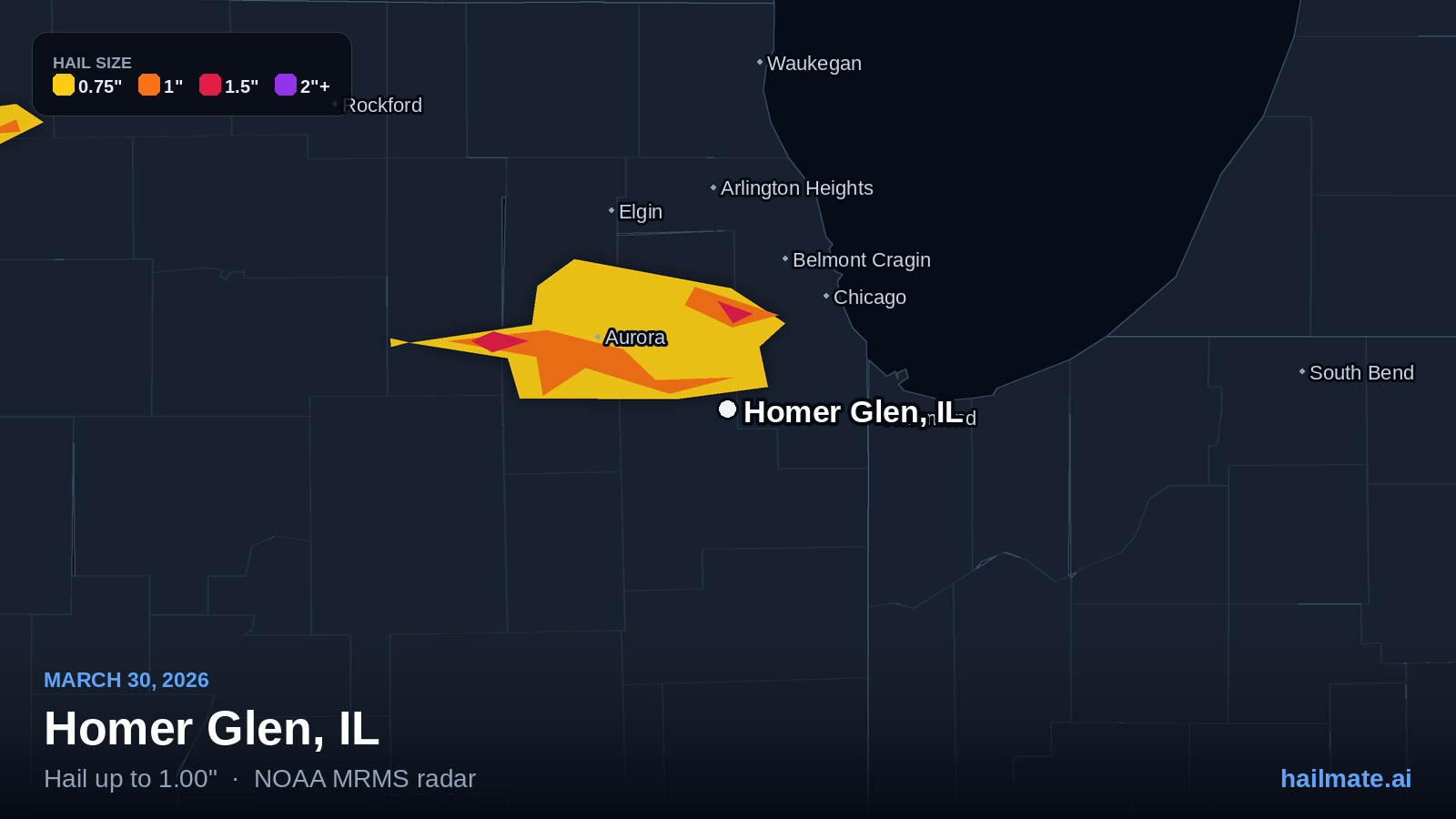 Hail swath map for Homer Glen, IL on March 30, 2026 showing 1.00 inch hail.