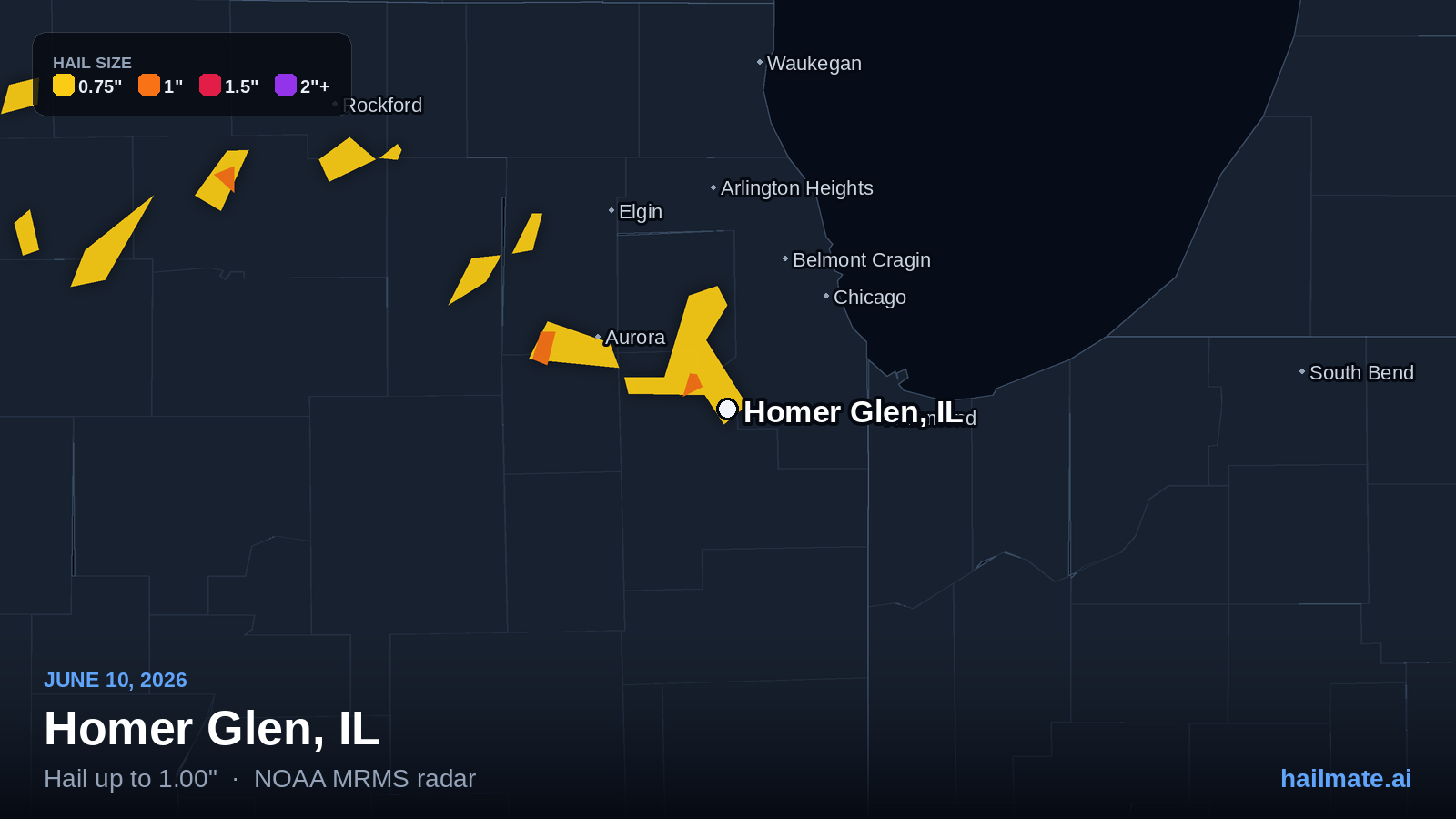Hail swath map for Homer Glen, IL on June 10, 2026 showing 1.00 inch hail.