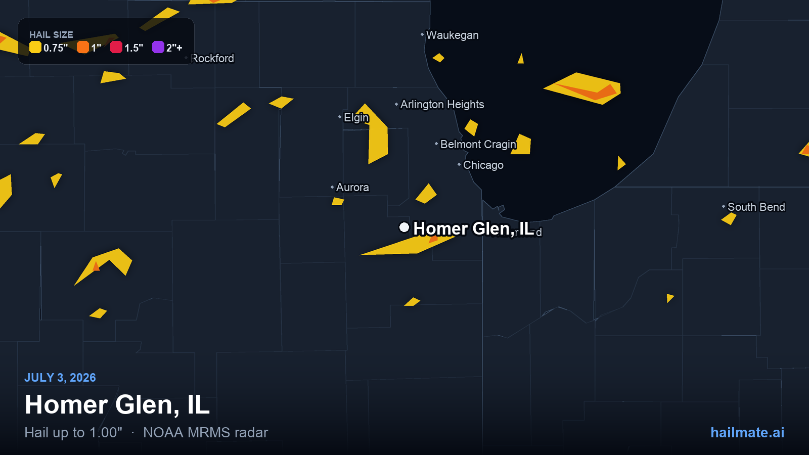 Hail swath map for Homer Glen, IL on July 3, 2026 showing 1.00 inch hail.
