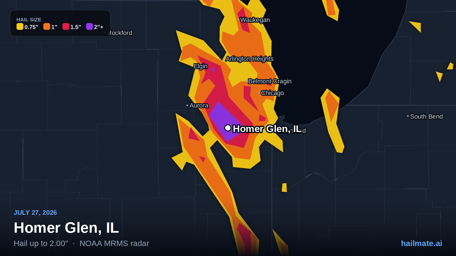 Hail swath map for Homer Glen, IL on July 27, 2026 showing 2.00 inch hail.