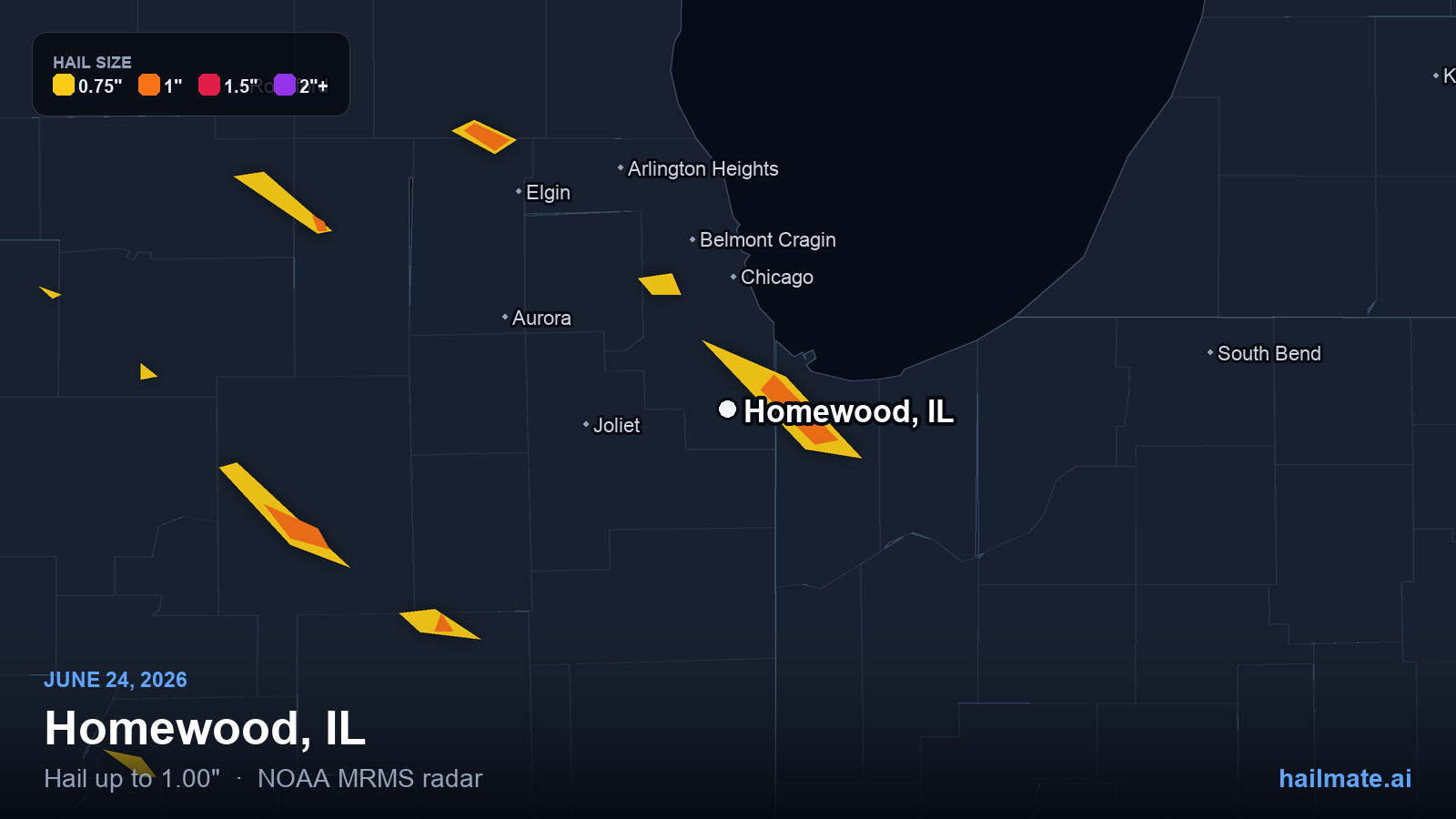 Hail swath map for Homewood, IL on June 24, 2026 showing 1.00 inch hail.
