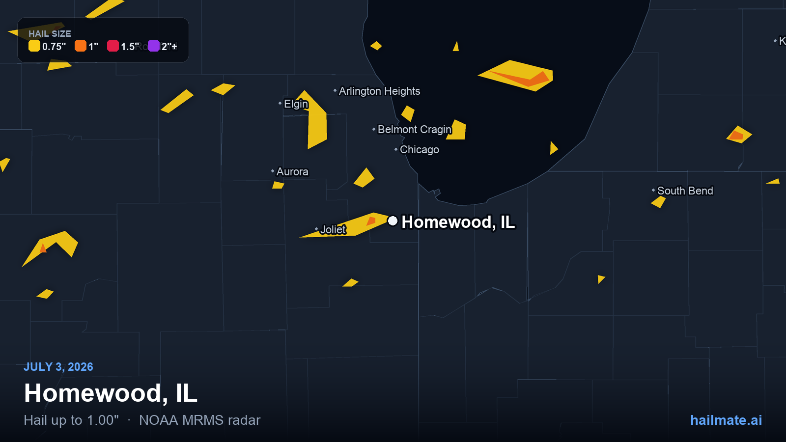 Hail swath map for Homewood, IL on July 3, 2026 showing 1.00 inch hail.