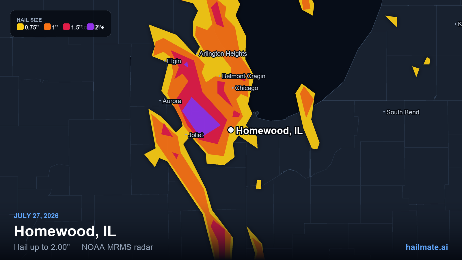 Hail swath map for Homewood, IL on July 27, 2026 showing 2.00 inch hail.
