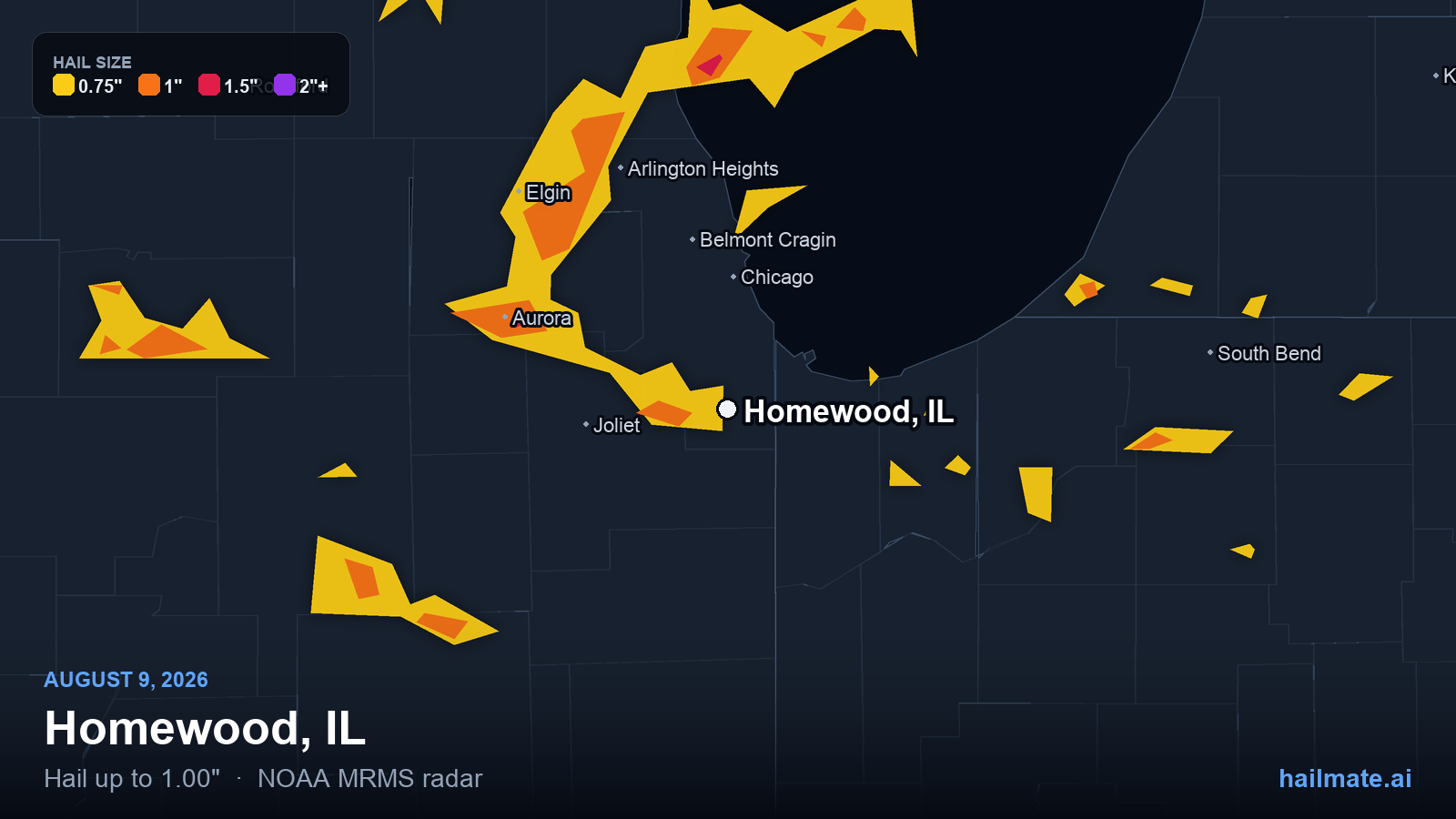 Hail swath map for Homewood, IL on August 9, 2026 showing 1.00 inch hail.