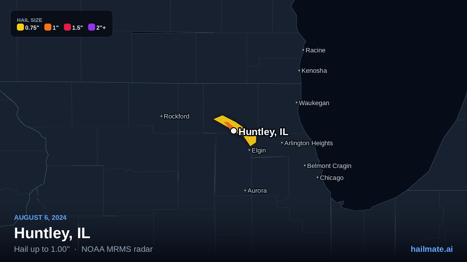 Hail swath map for Huntley, IL on August 6, 2024 showing 1.00 inch hail.