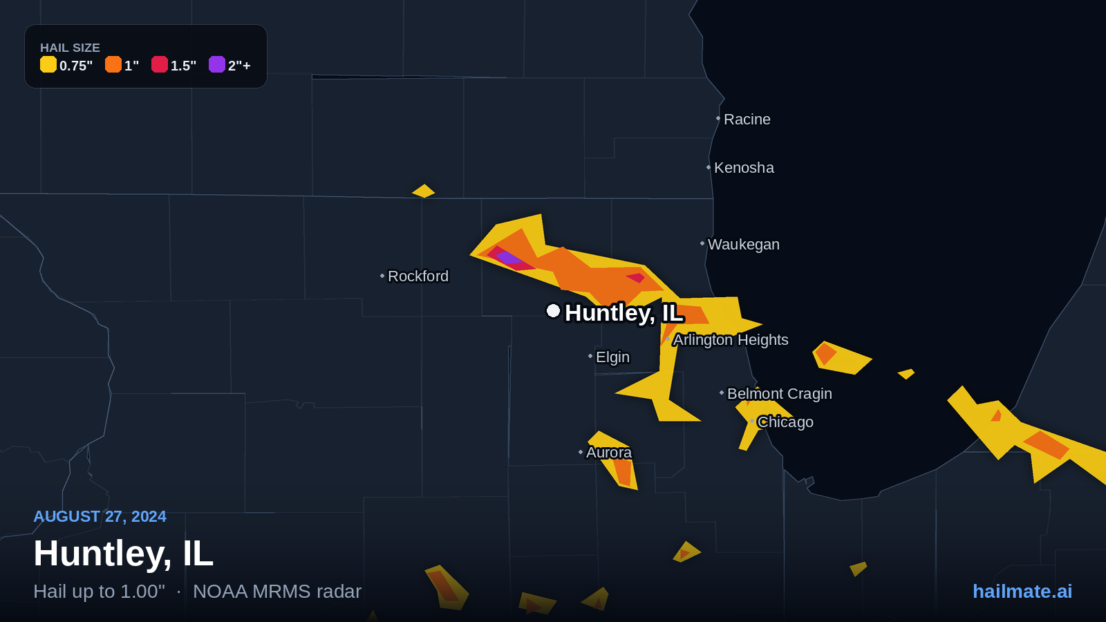 Hail swath map for Huntley, IL on August 27, 2024 showing 1.00 inch hail.