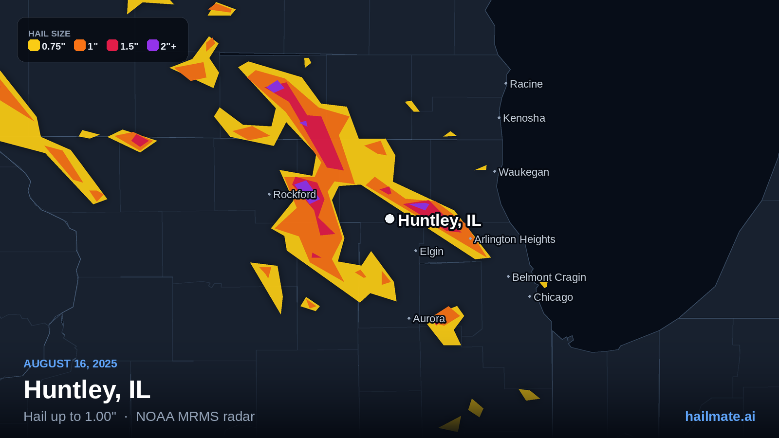 Hail swath map for Huntley, IL on August 16, 2025 showing 1.00 inch hail.