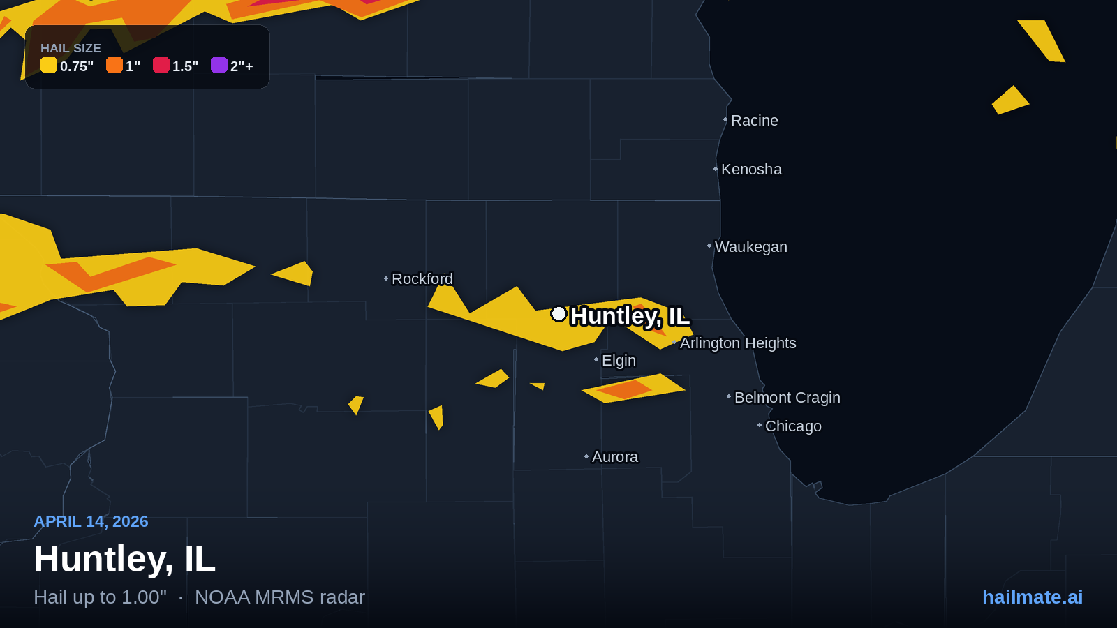 Hail swath map for Huntley, IL on April 14, 2026 showing 1.00 inch hail.