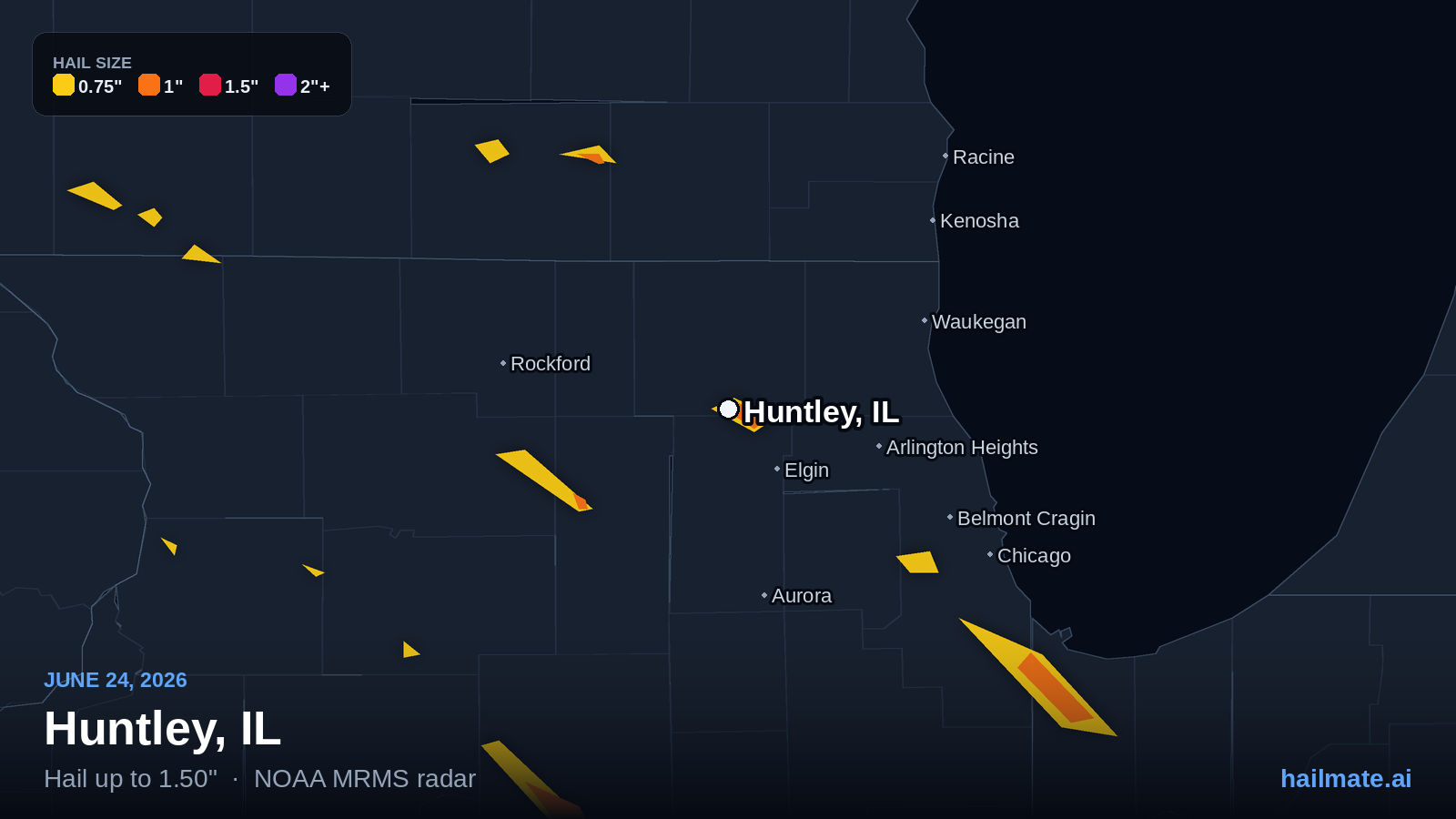Hail swath map for Huntley, IL on June 24, 2026 showing 1.50 inch hail.