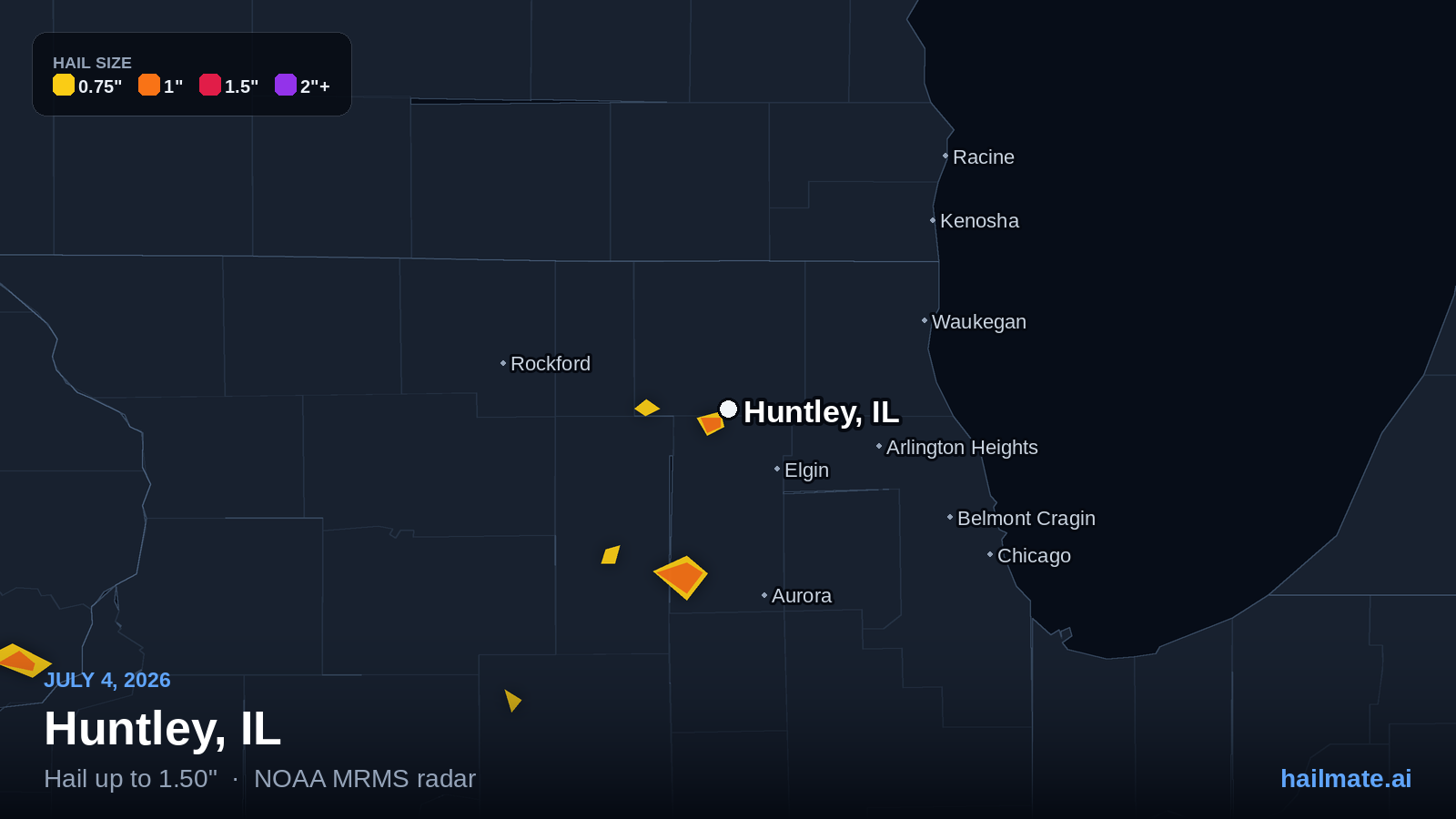 Hail swath map for Huntley, IL on July 4, 2026 showing 1.50 inch hail.