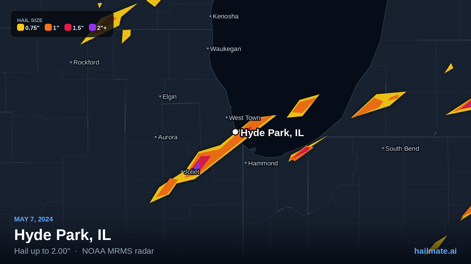 Hail swath map for Hyde Park, IL on May 7, 2024 showing 2.00 inch hail.
