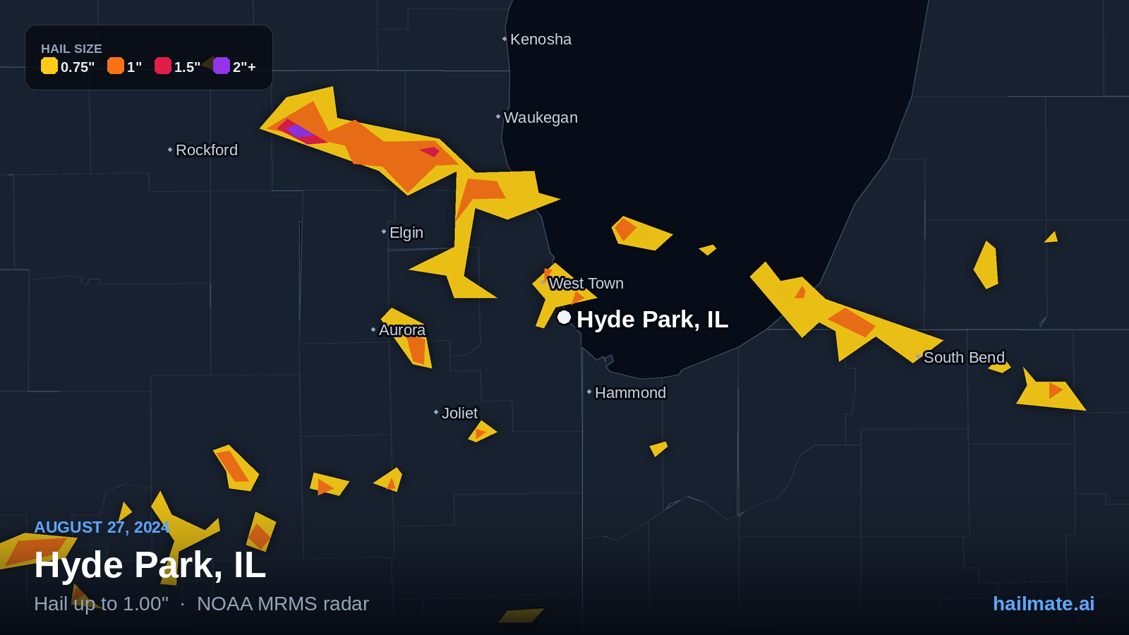 Hail swath map for Hyde Park, IL on August 27, 2024 showing 1.00 inch hail.