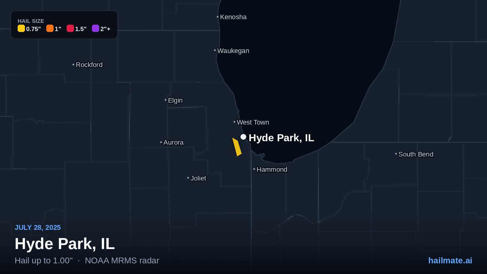 Hail swath map for Hyde Park, IL on July 28, 2025 showing 1.00 inch hail.