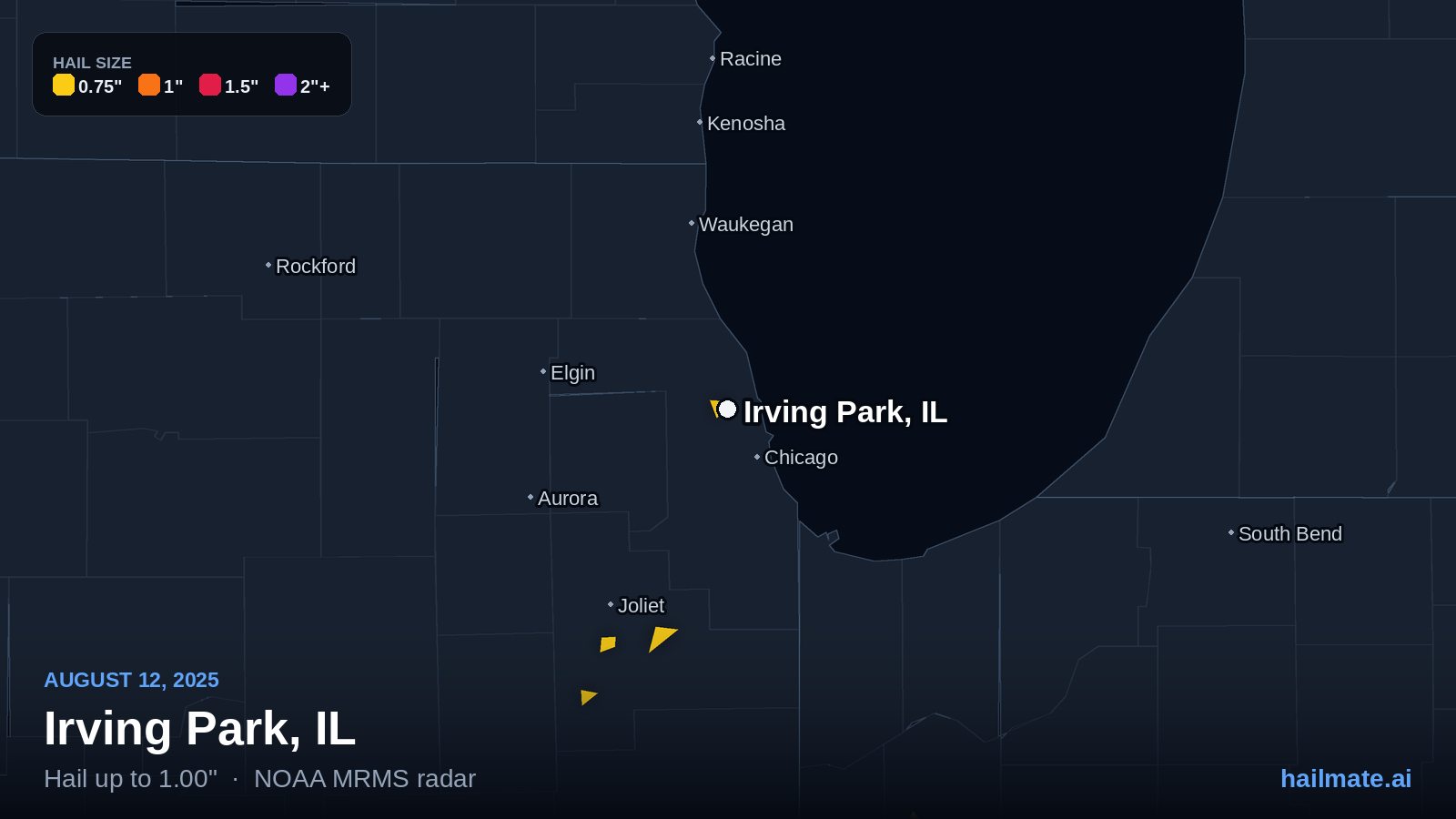 Hail swath map for Irving Park, IL on August 12, 2025 showing 1.00 inch hail.