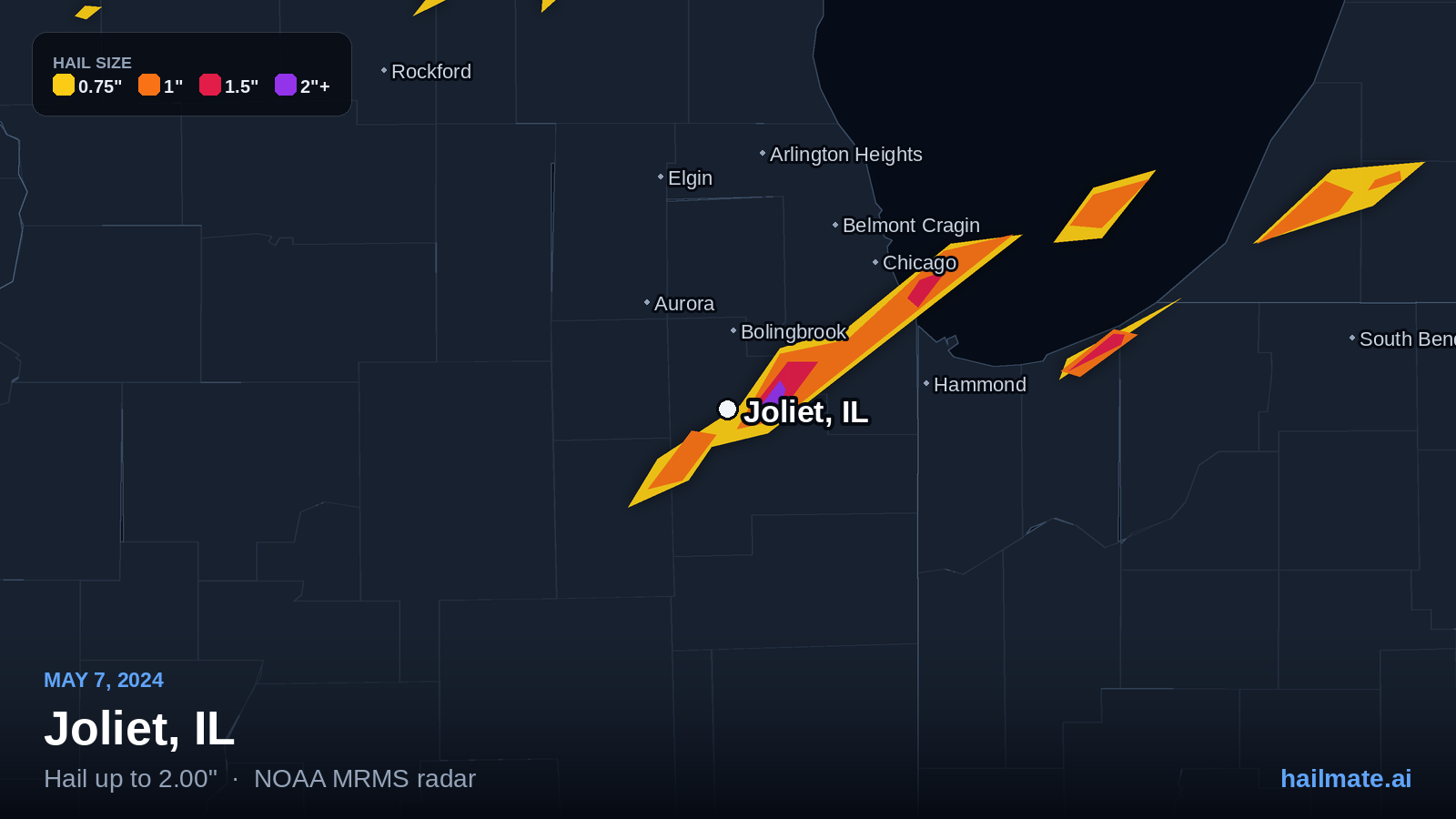 Hail swath map for Joliet, IL on May 7, 2024 showing 2.00 inch hail.
