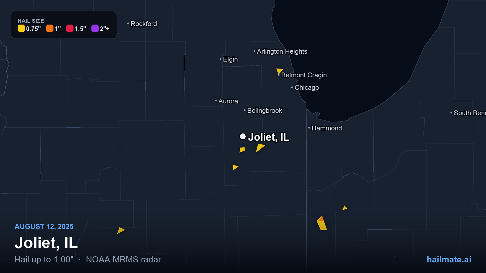 Hail swath map for Joliet, IL on August 12, 2025 showing 1.00 inch hail.
