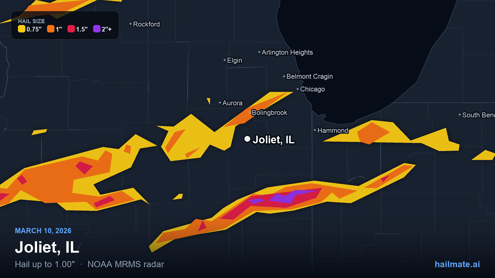Hail swath map for Joliet, IL on March 10, 2026 showing 1.00 inch hail.