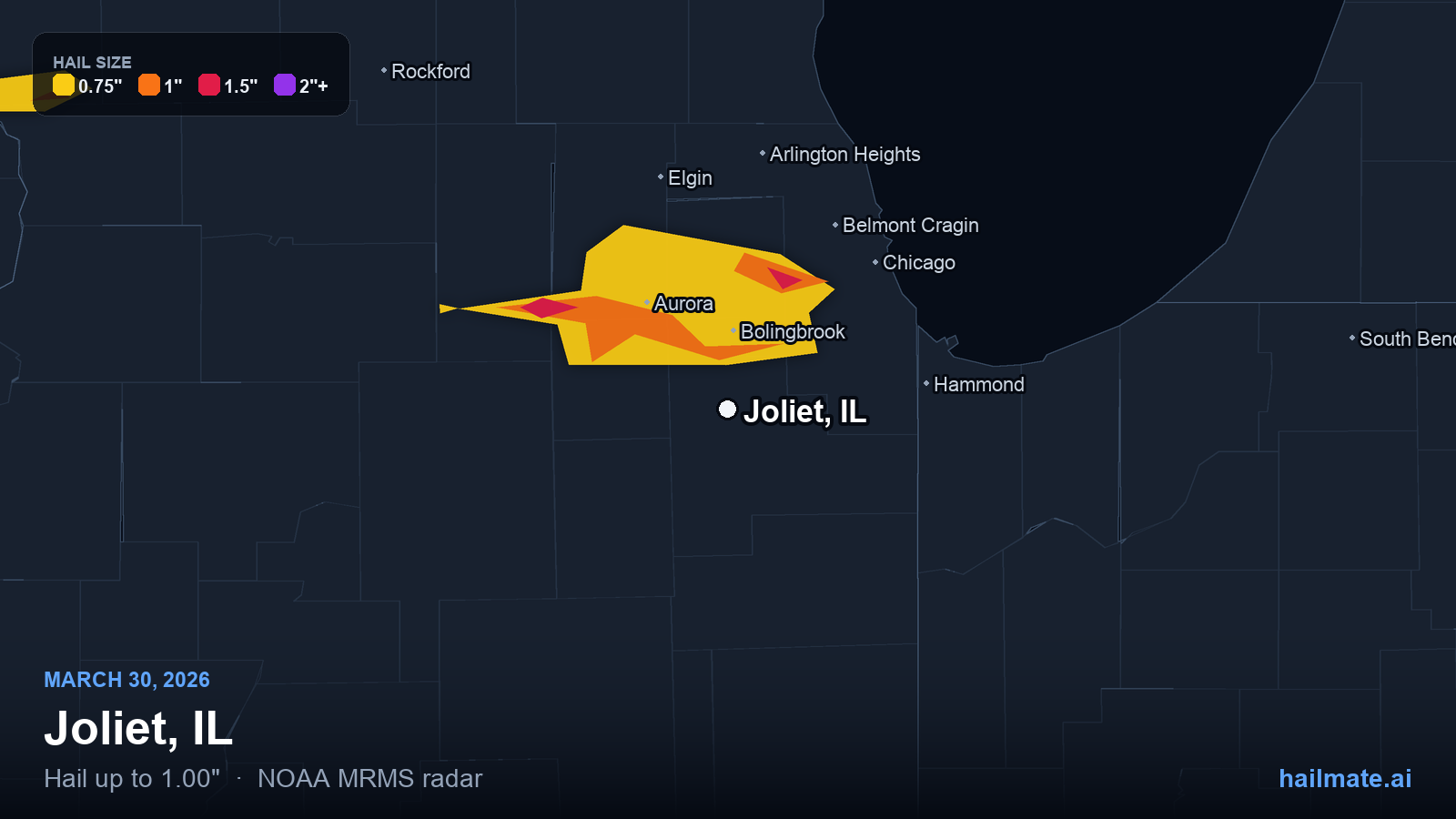 Hail swath map for Joliet, IL on March 30, 2026 showing 1.00 inch hail.
