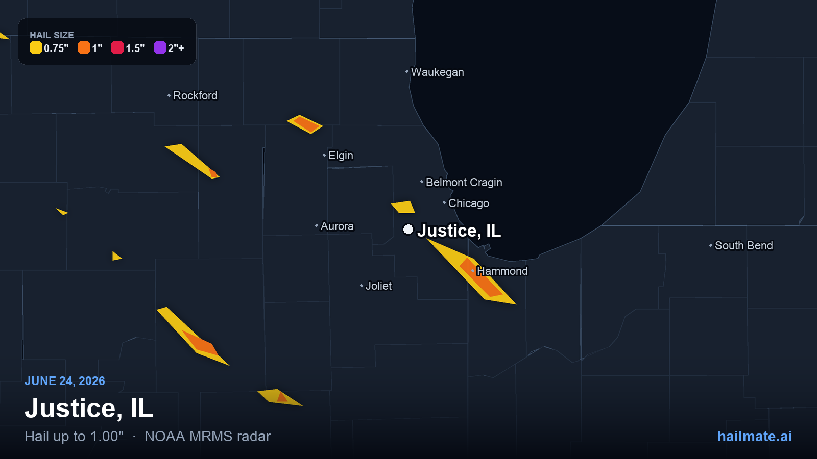 Hail swath map for Justice, IL on June 24, 2026 showing 1.00 inch hail.