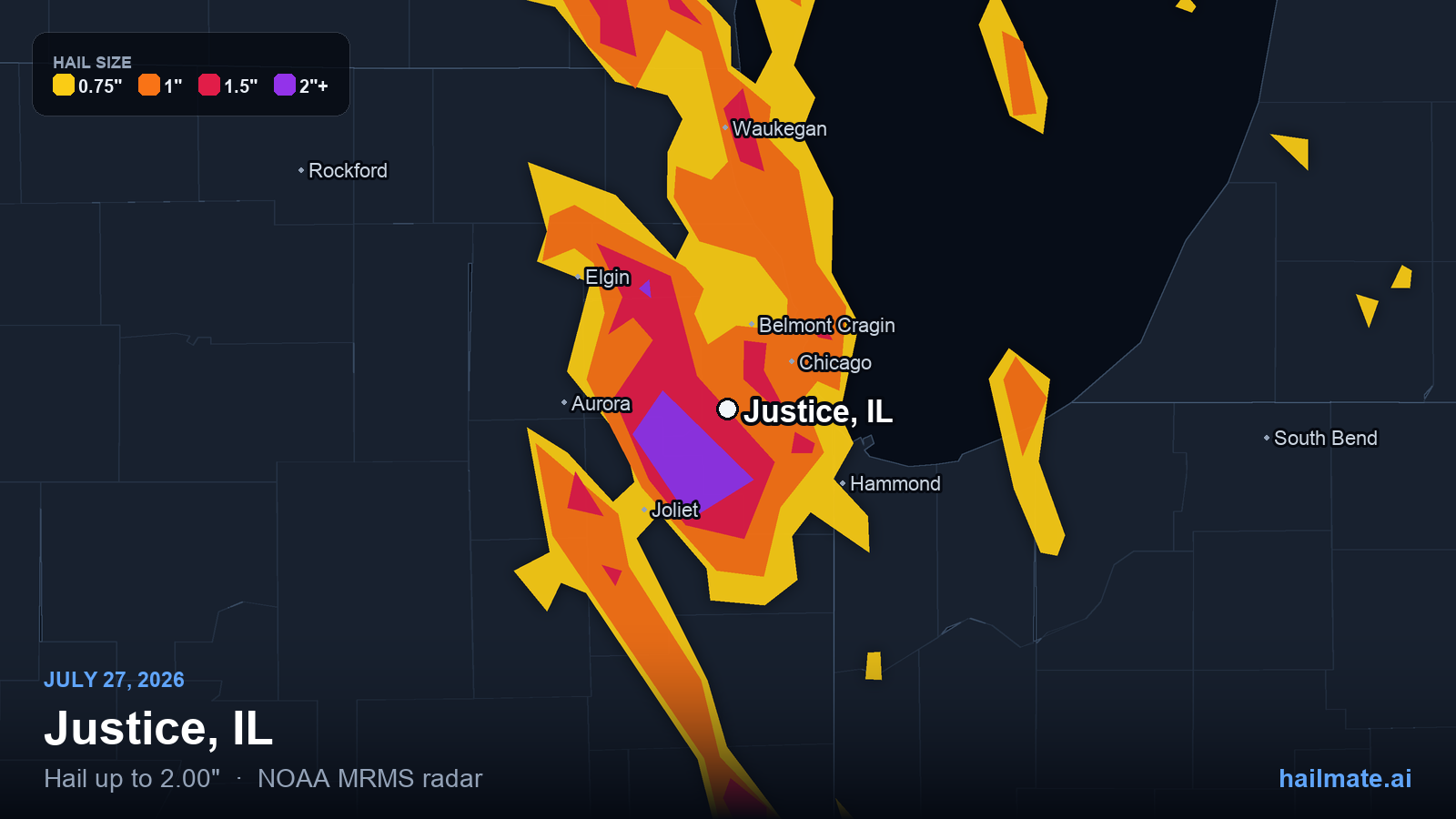 Hail swath map for Justice, IL on July 27, 2026 showing 2.00 inch hail.