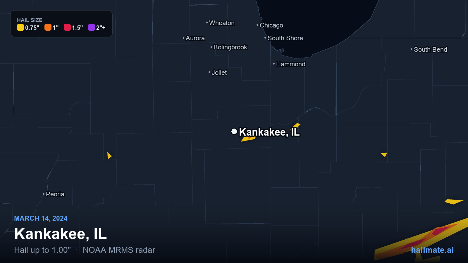 Hail swath map for Kankakee, IL on March 14, 2024 showing 1.00 inch hail.