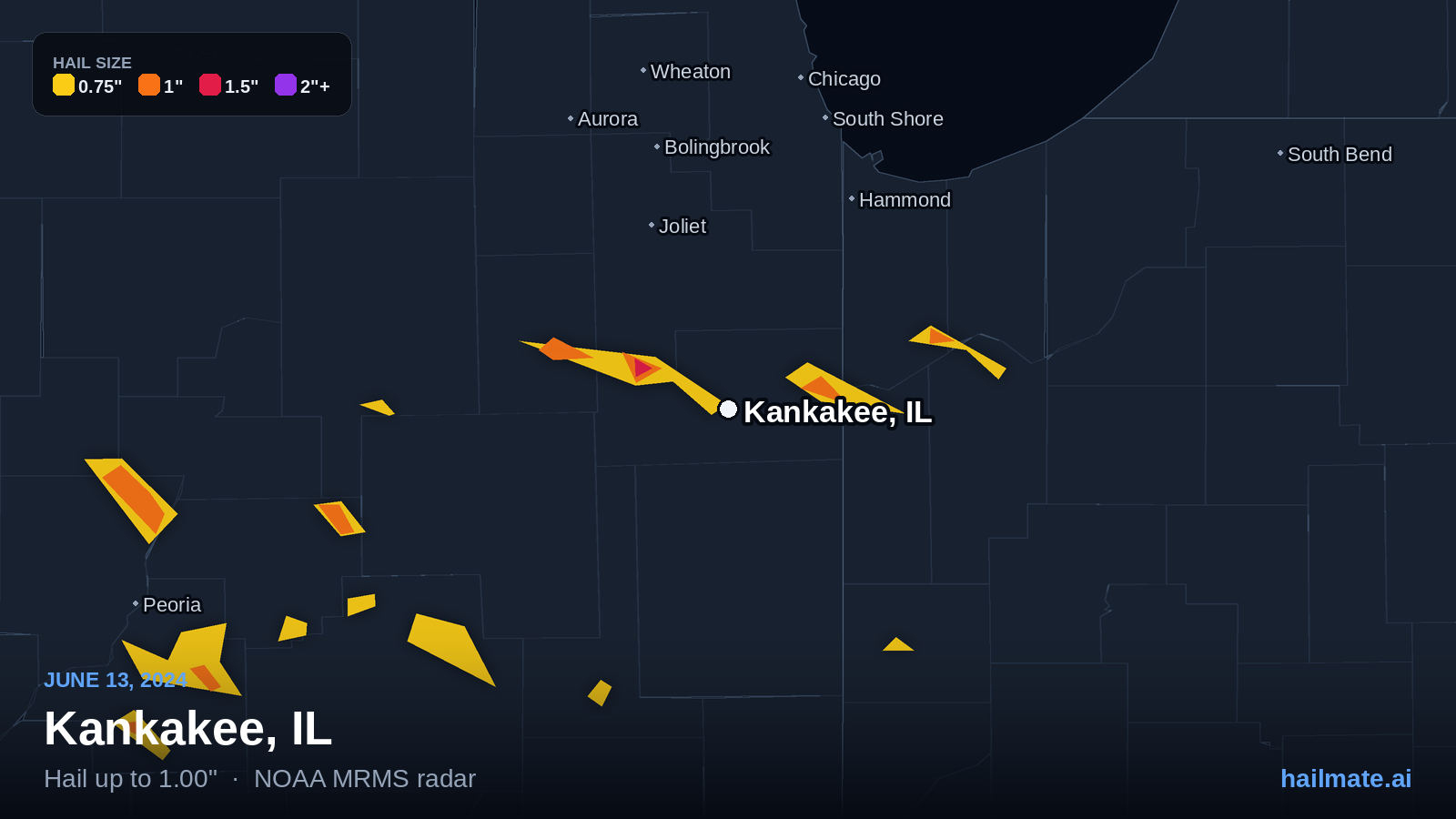 Hail swath map for Kankakee, IL on June 13, 2024 showing 1.00 inch hail.