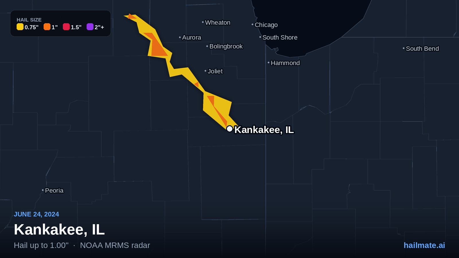 Hail swath map for Kankakee, IL on June 24, 2024 showing 1.00 inch hail.