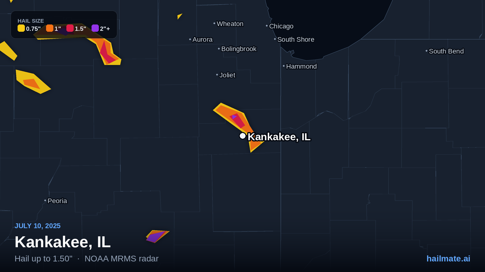 Hail swath map for Kankakee, IL on July 10, 2025 showing 1.50 inch hail.