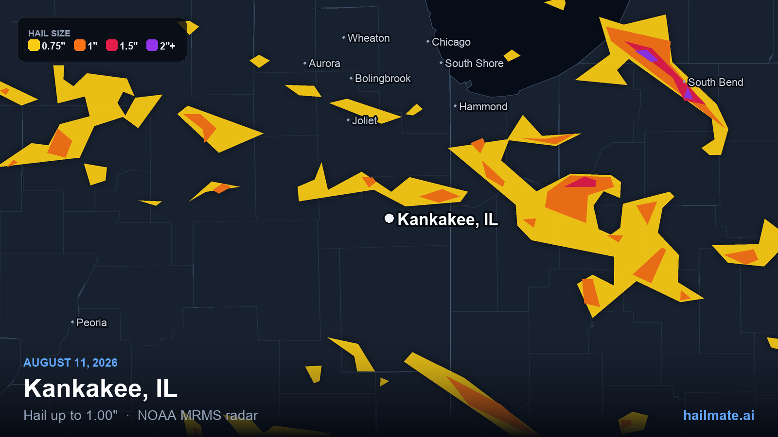 Hail swath map for Kankakee, IL on August 11, 2026 showing 1.00 inch hail.