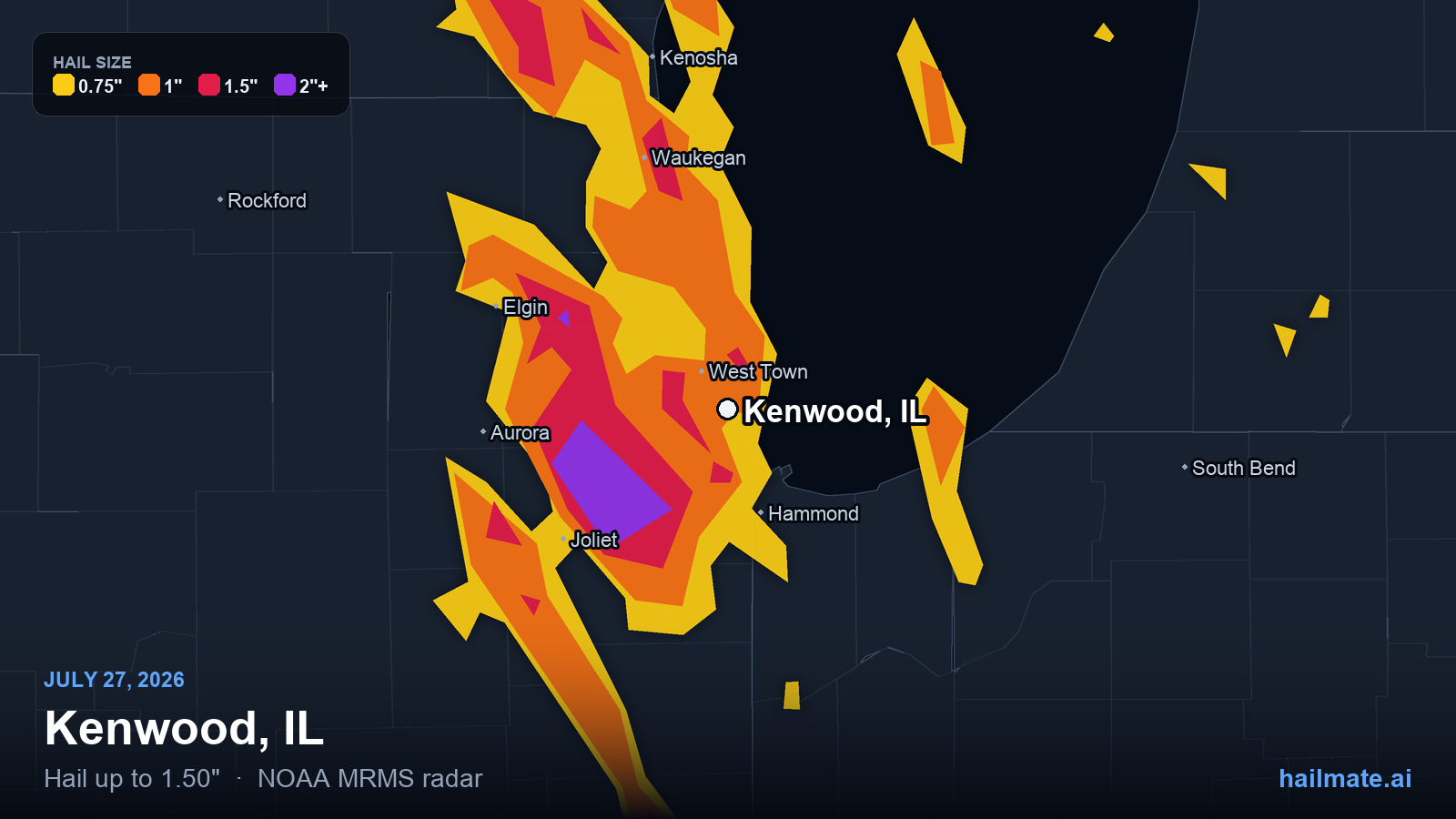 Hail swath map for Kenwood, IL on July 27, 2026 showing 1.50 inch hail.