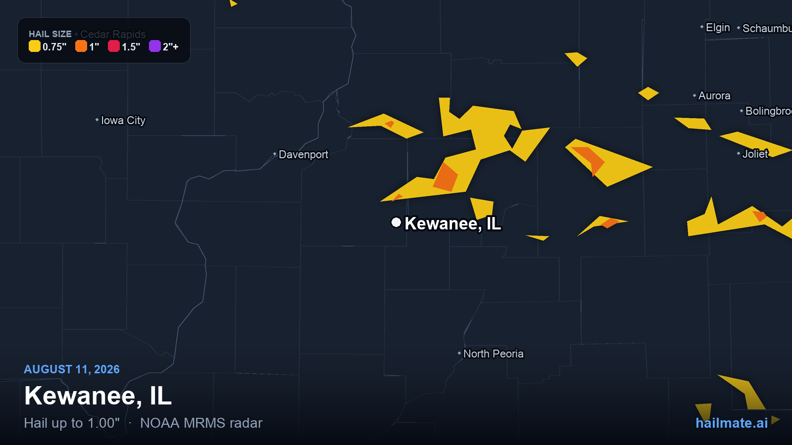 Hail swath map for Kewanee, IL on August 11, 2026 showing 1.00 inch hail.